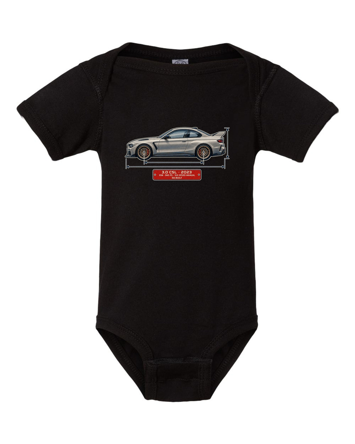 BMW 3.0 CSL 2023 dimension blueprint print black baby onesie front view with the design