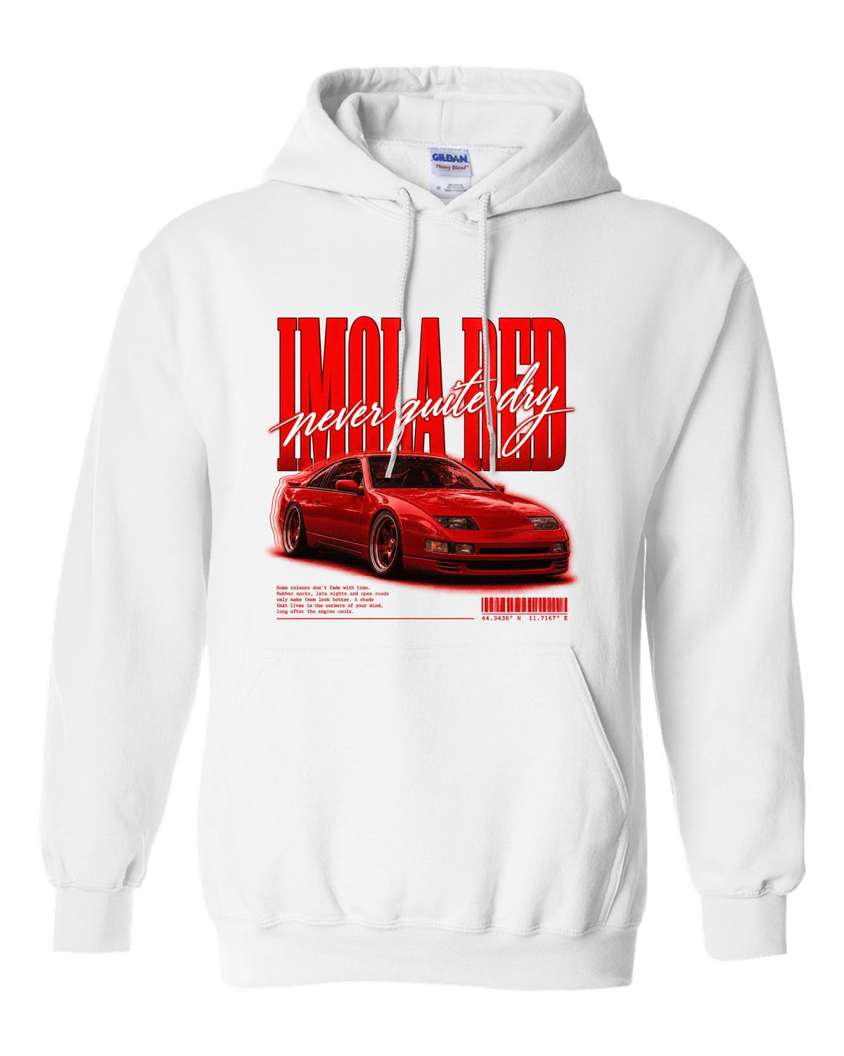 BMW E36 M3 coupe Imola Red street poster print with never quite dry text white pull over hoodie front view with the design