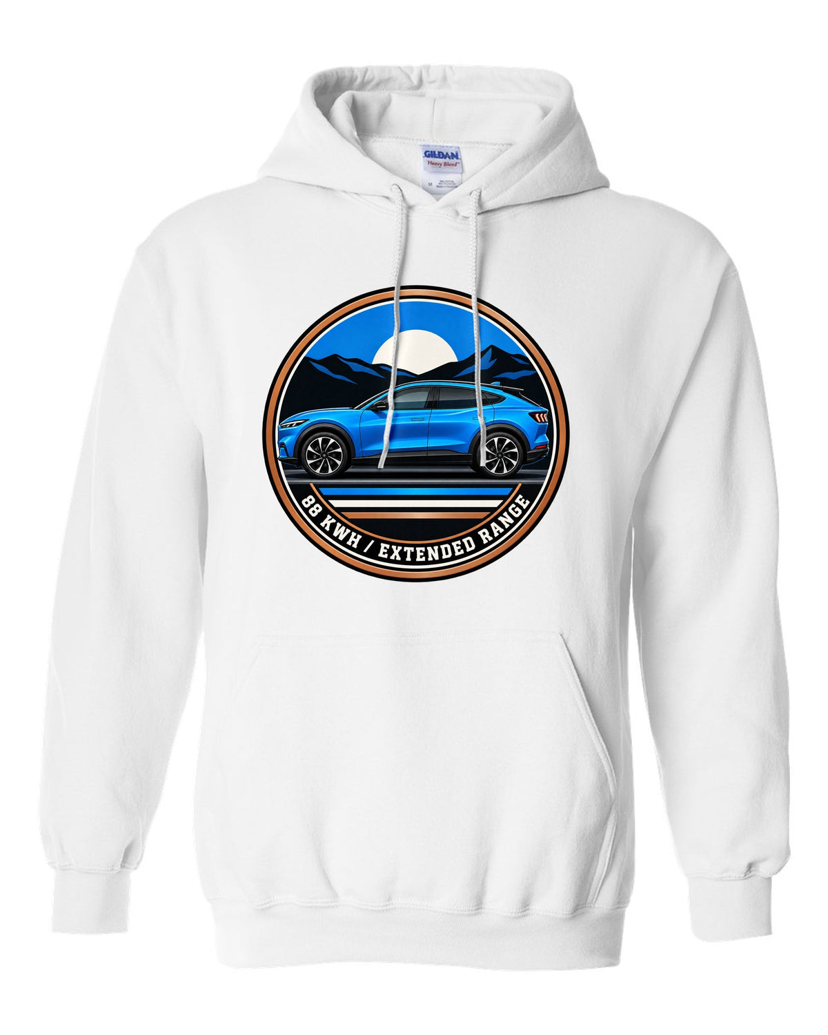Gauge-cluster HUD print of a 2020 Mustang Mach-E CX727 showing One Gear 3.5 Sec white pull over hoodie front view with the design