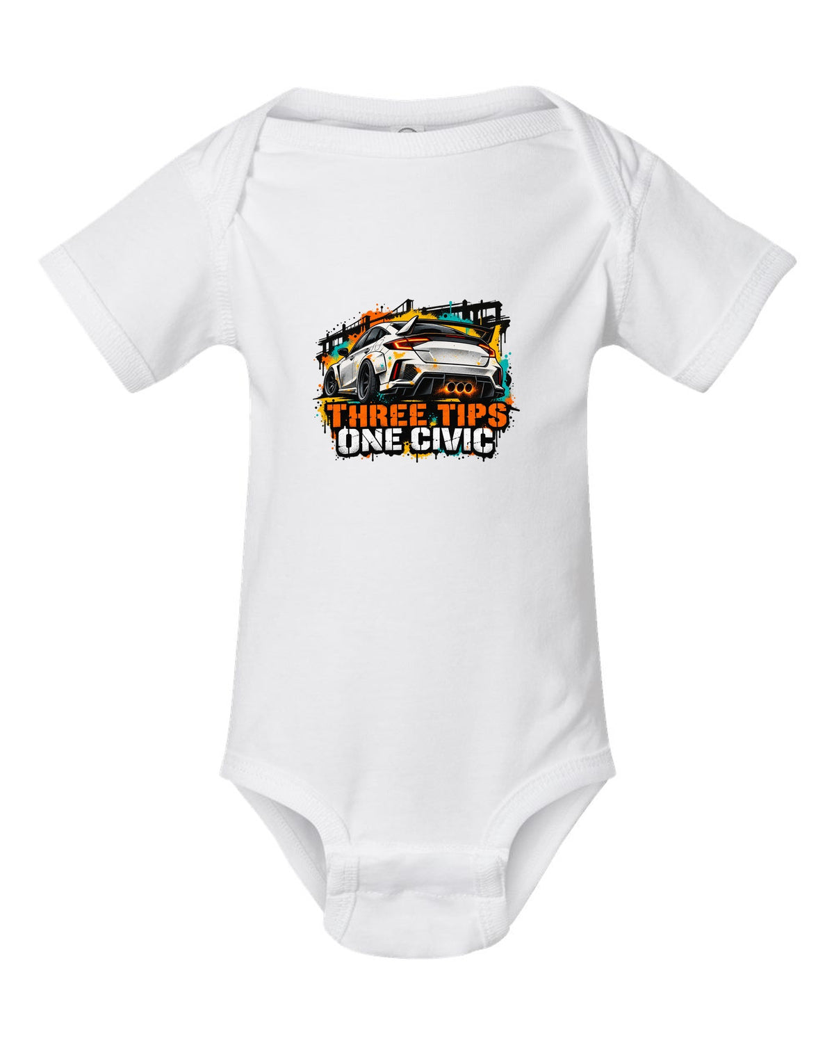 Stencil spray street art print of a 2023 Honda Civic FL5 ch with three tips one Civic text white baby onesie front view with the design