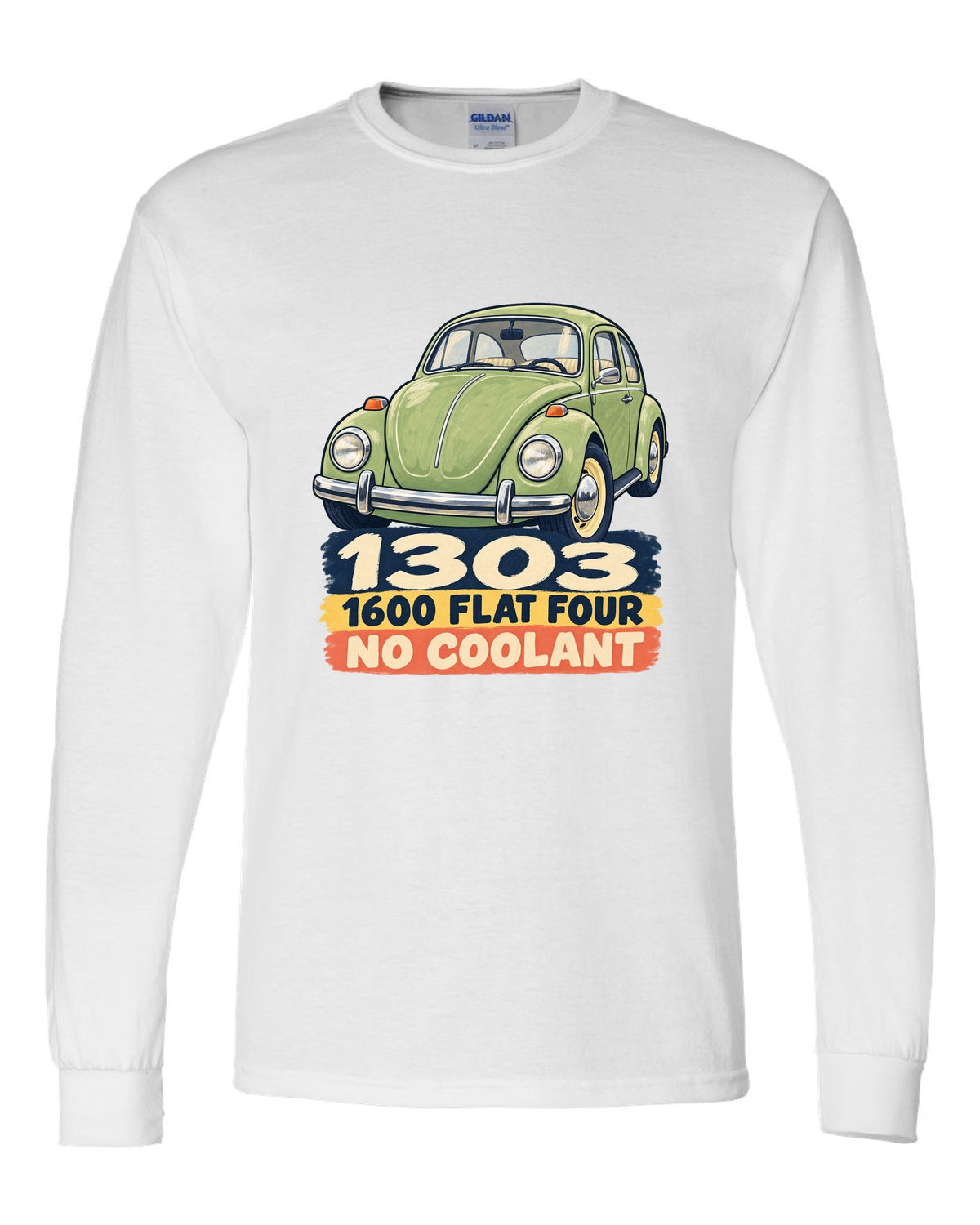 Gouache-style painted flat colour print of a VW Beetle Type 1 1303 with 1600 flat four lettering white long sleeve front view with the design