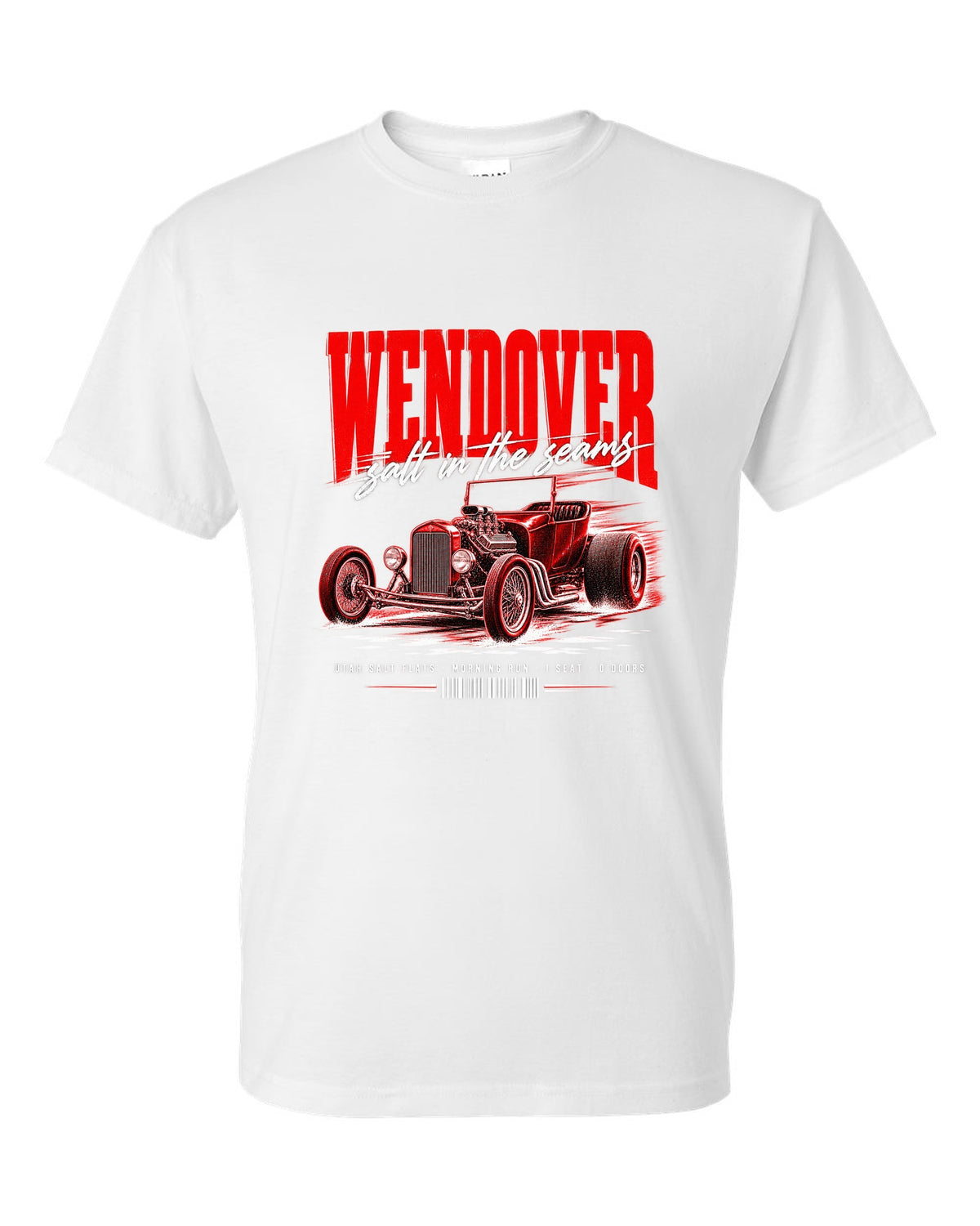 Street poster print of a T-bucket hot rod for Wendover and the Utah Salt Flats white t-shirt front view with the design