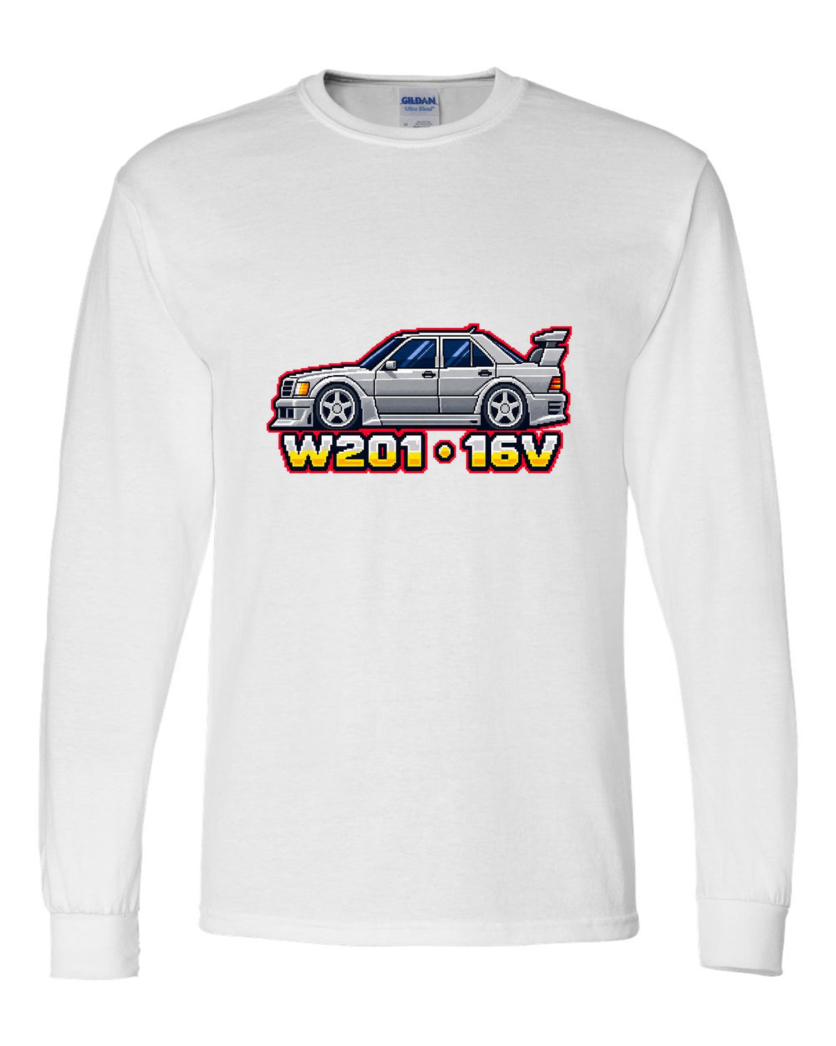 Mercedes 190E Evo II W201 16-Bit Pixel Art Tee, Car white long sleeve front view with the design