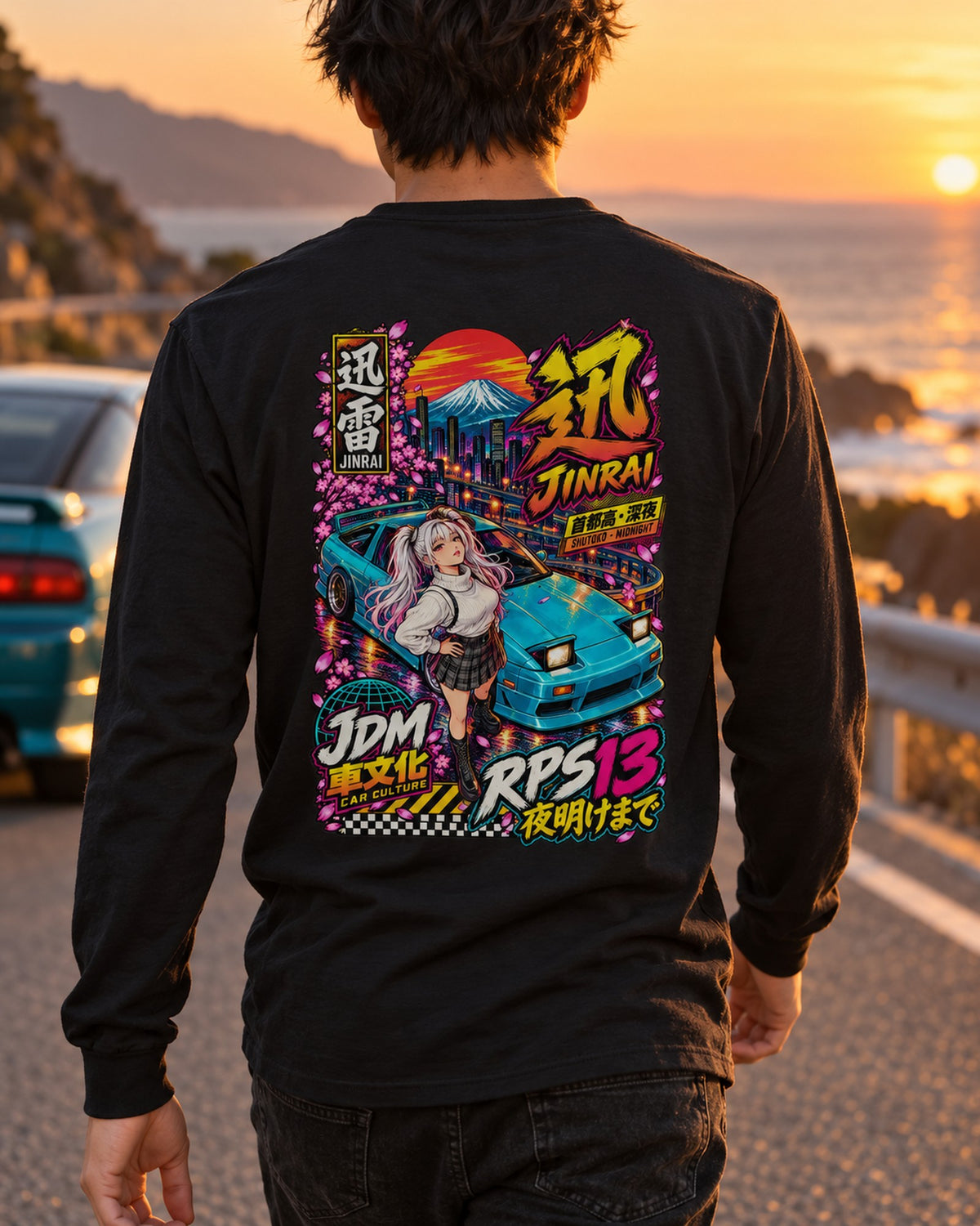 JINRAI RPS13 Anime Girl Full-Back Graphic Tee Long Sleeve Black worn hero