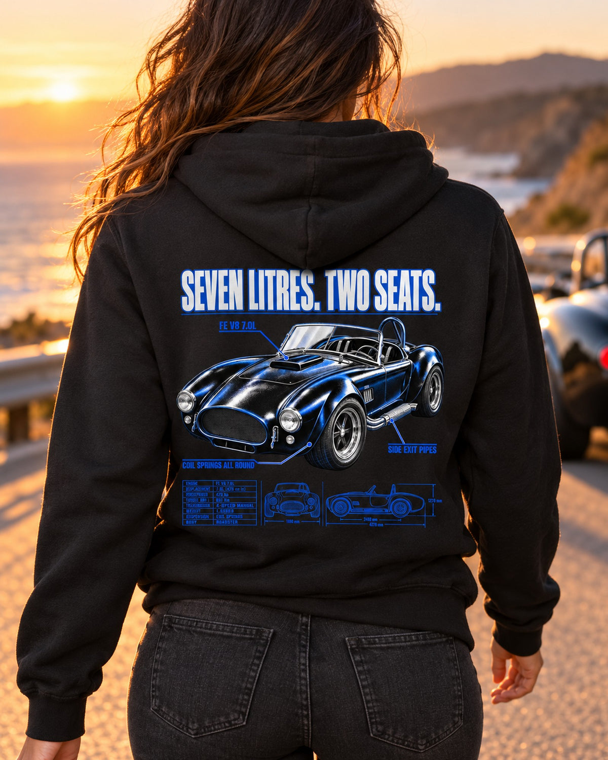 Shelby-Style 427 Roadster Top-Down Spec Poster Shirt, 1965-67 Zip Hoodie Black worn hero
