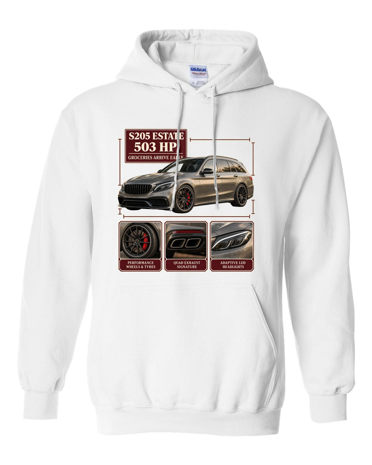 Mercedes-AMG C63 S Estate S205 dossier panel design in warm grey white pull over hoodie front view with the design