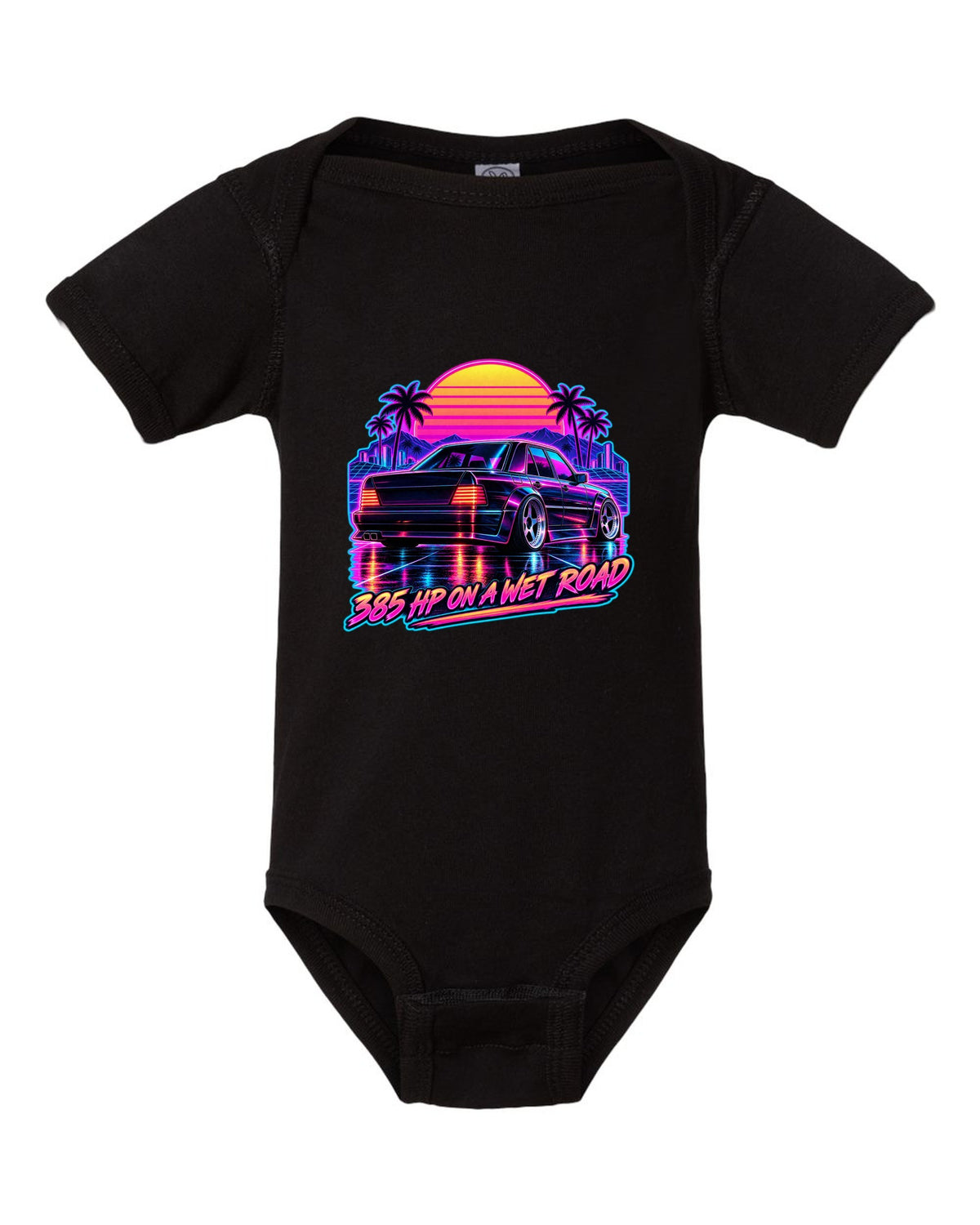 Synthwave outrun print of Mercedes 300E Hammer W124 taillights on a wet road black baby onesie front view with the design