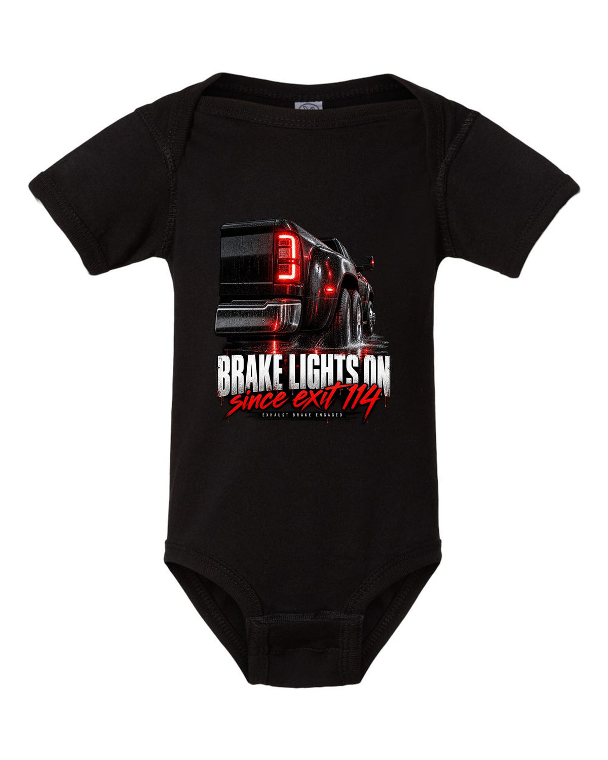 Taillight macro print of a 2019-2024 Ram HD 3500 dually with brake lights lit black baby onesie front view with the design