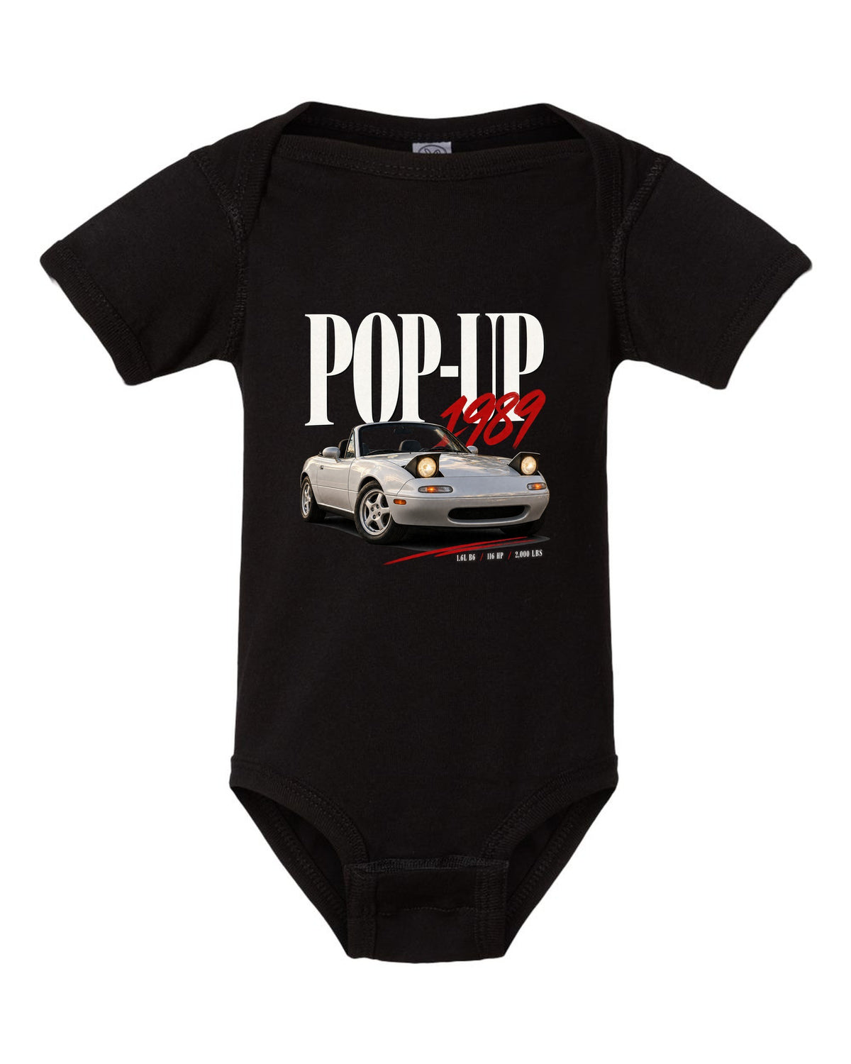 Editorial headline print for the Mazda MX-5 NA 1989-97 reading pop-up, 1989, 1.6L B6 black baby onesie front view with the design