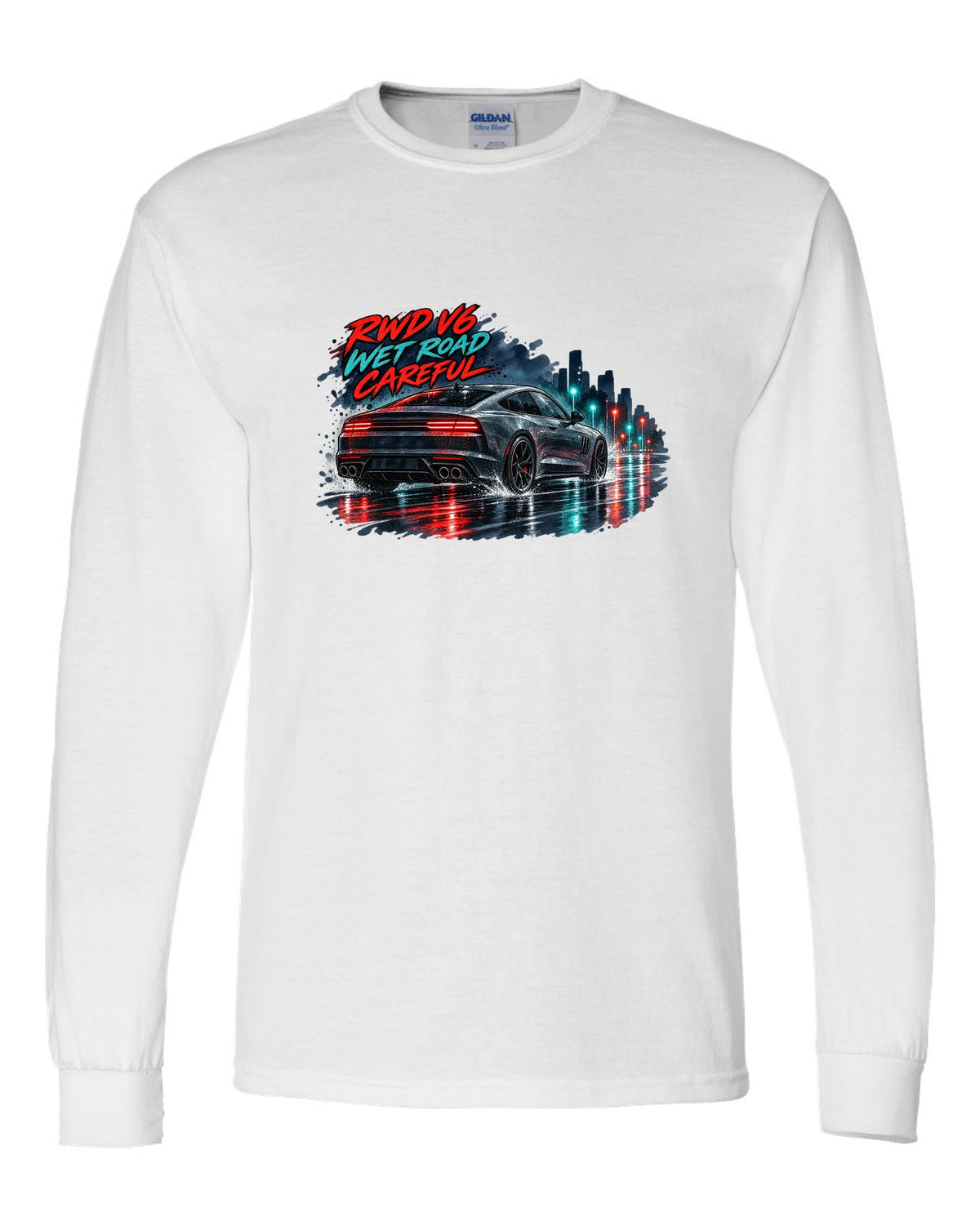 Watercolour wet-road night print of a Kia Stinger GT CK with RWD V6 wet road careful text white long sleeve front view with the design