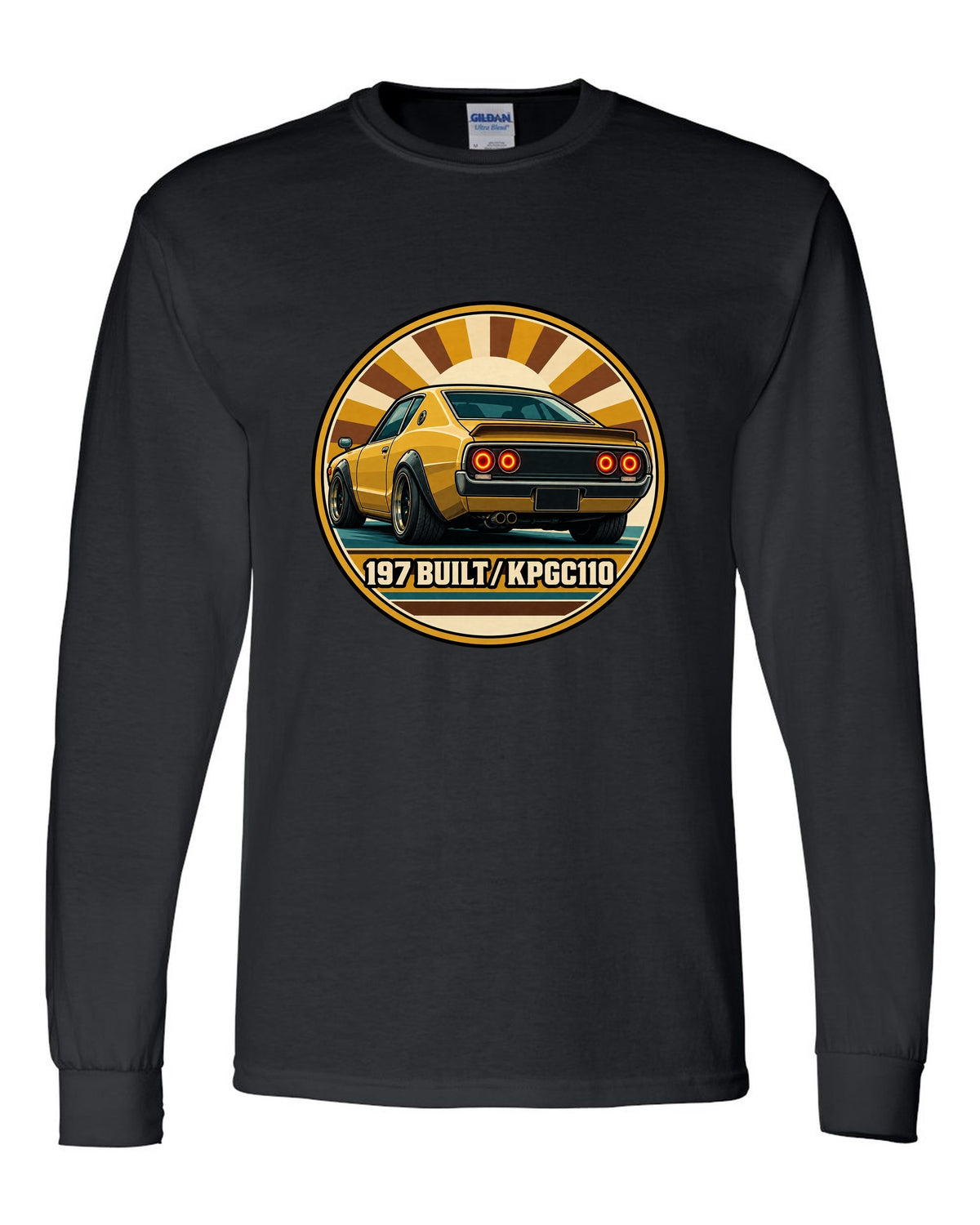 Round crest print for the Skyline Kenmeri KPGC110 with 197 Built lettering black long sleeve front view with the design