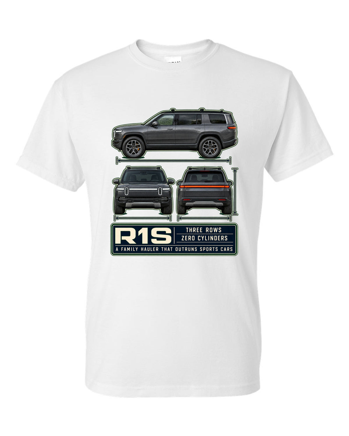 Three-view drawing with spec table print of the Rivian R1S seven-seat electric SUV white t-shirt front view with the design