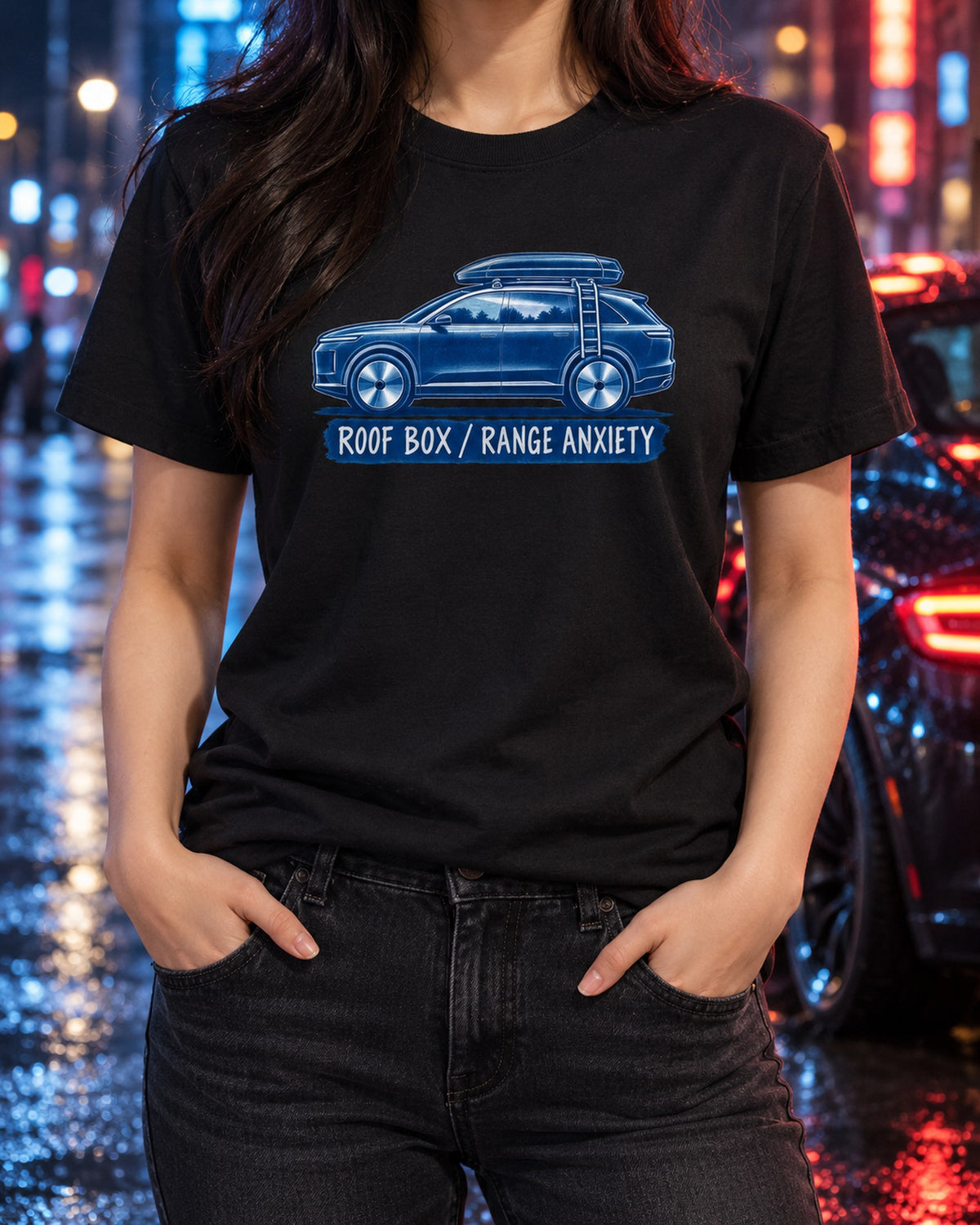 Lucid Gravity Cyanotype Shirt, Roof Box Range Anxiety Tee T-Shirt Black worn hero