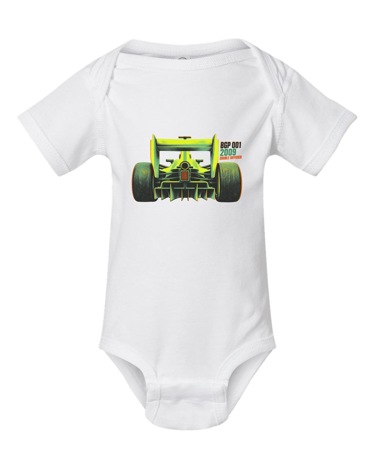 Risograph style Brawn BGP 001 Formula 1 car with double diffuser lettering white baby onesie front view with the design