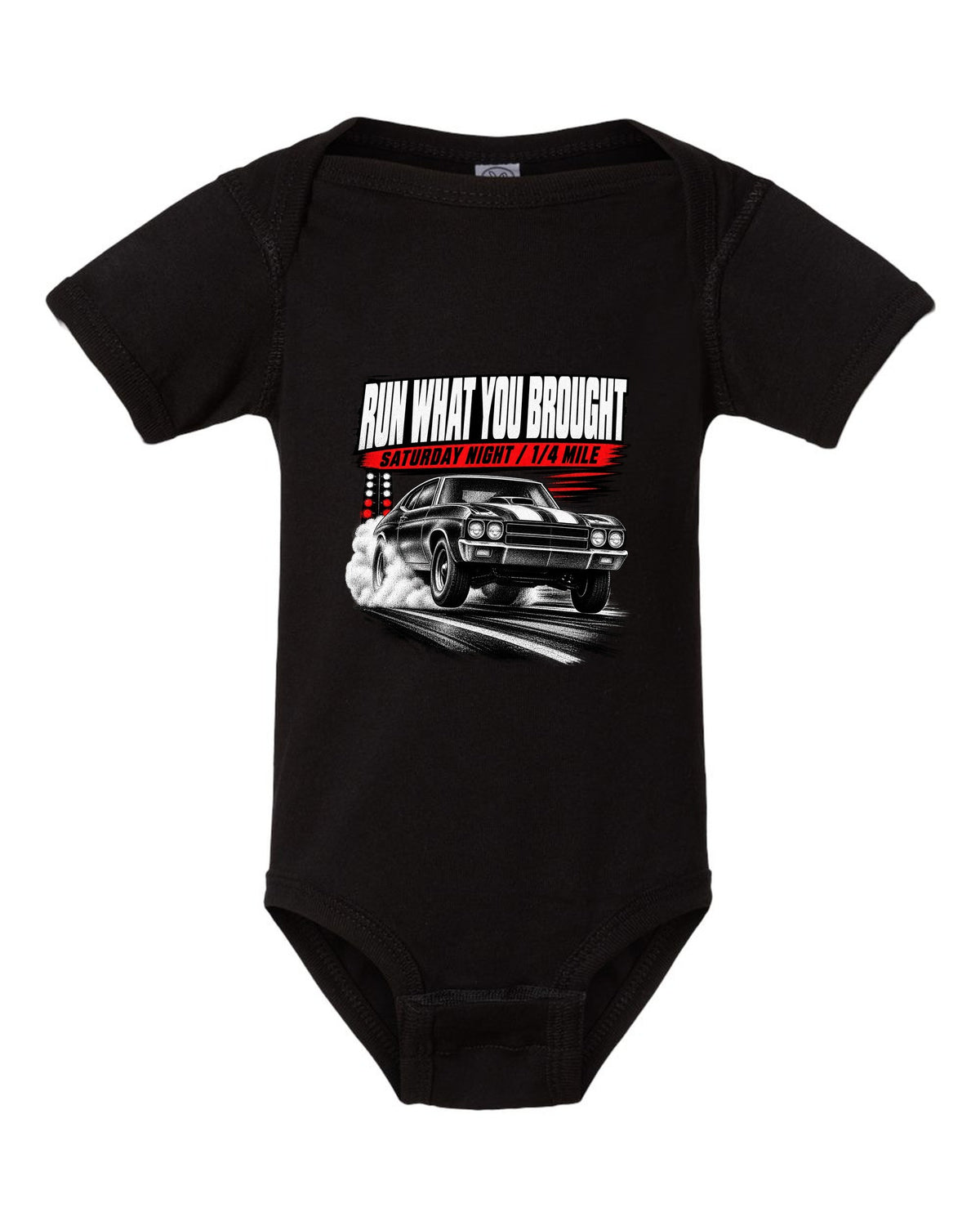 Race-poster print of a 1970 Chevrolet Chevelle SS with run w you brought and quarter mile text black baby onesie front view with the design
