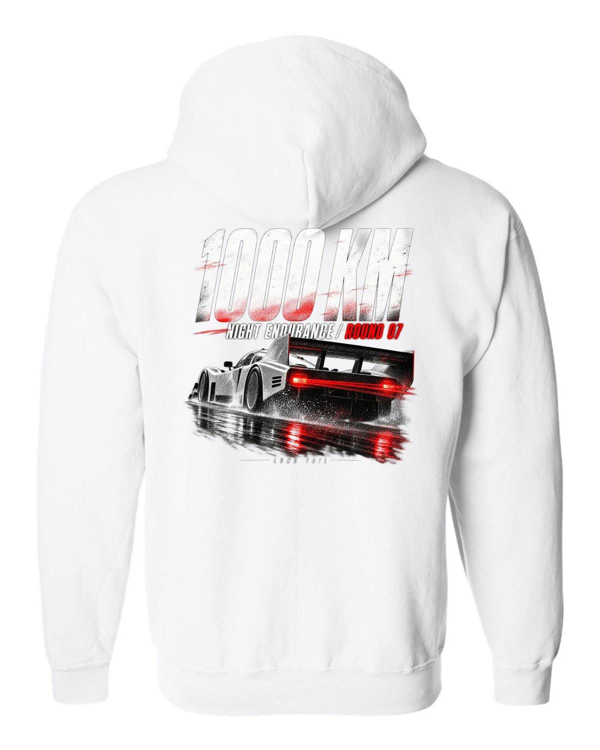Porsche 962 Group C night endurance race poster print white zip hoodie back view with the design