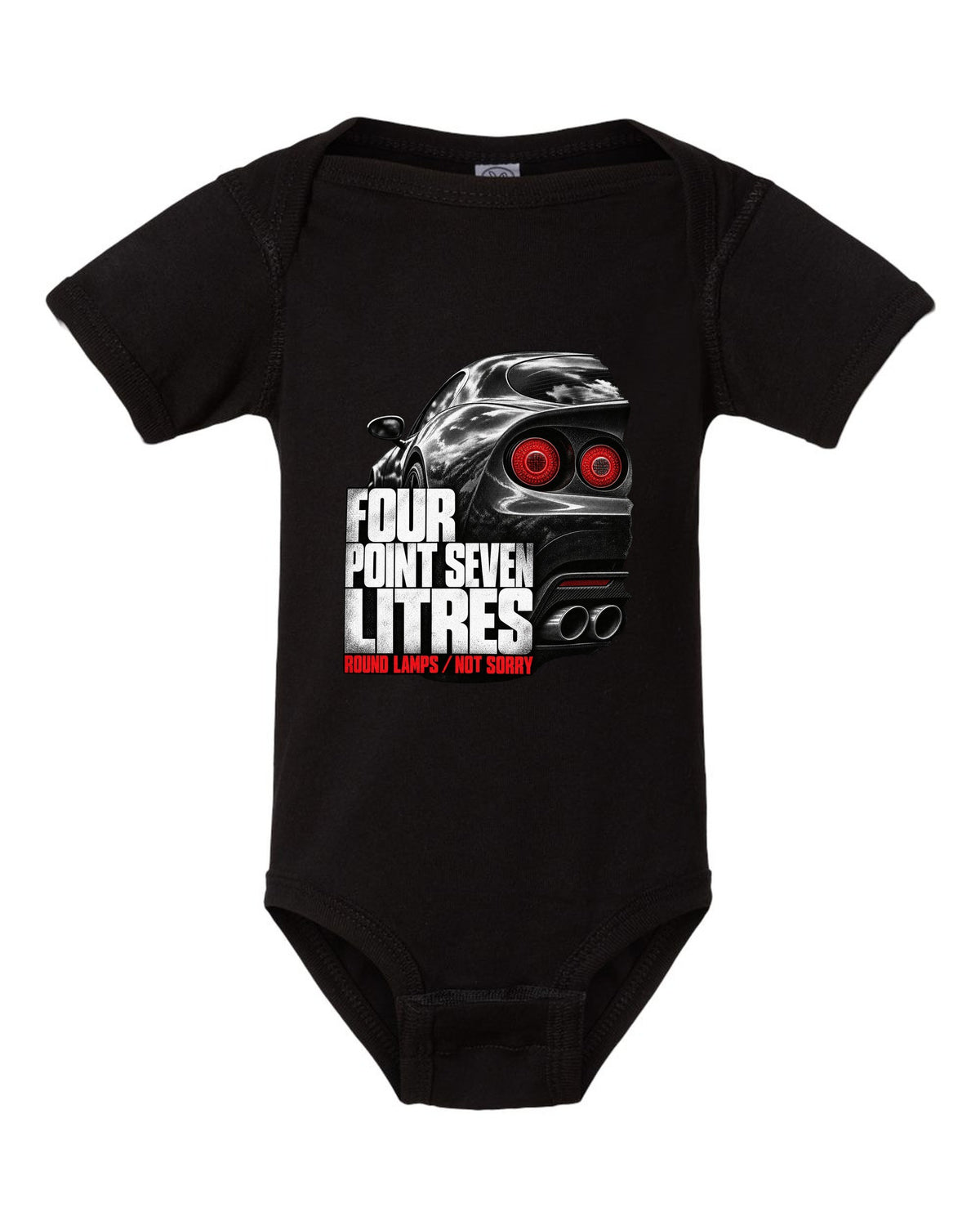 Tail lamp macro print of an Alfa Romeo 8C Competizione with four point seven litres text black baby onesie front view with the design