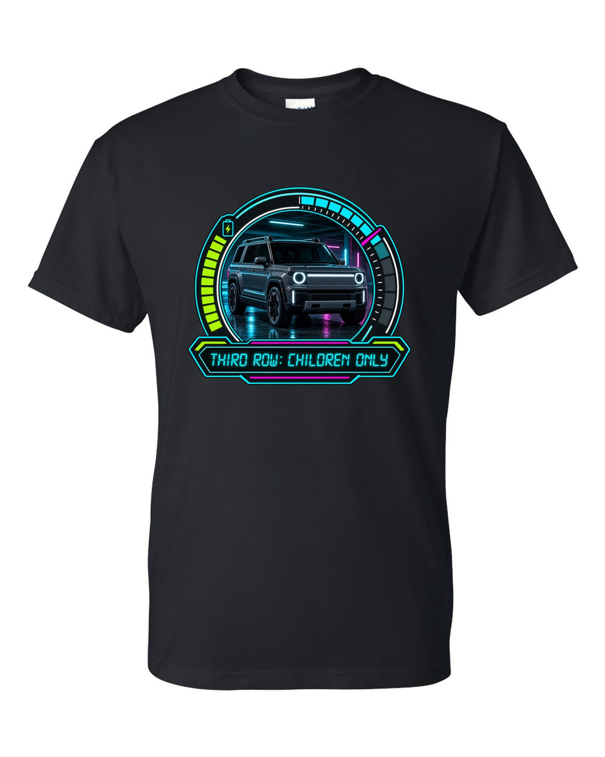 Rivian R1S dashboard gauge cluster HUD print with the text third row children only black t-shirt front view with the design