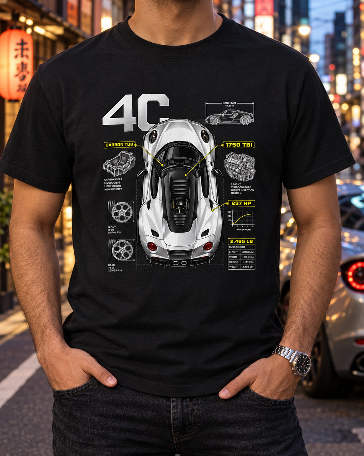 Alfa Romeo 4C Overhead Spec Poster Tee, Carbon Tub 1750 TBi T-Shirt Black worn hero