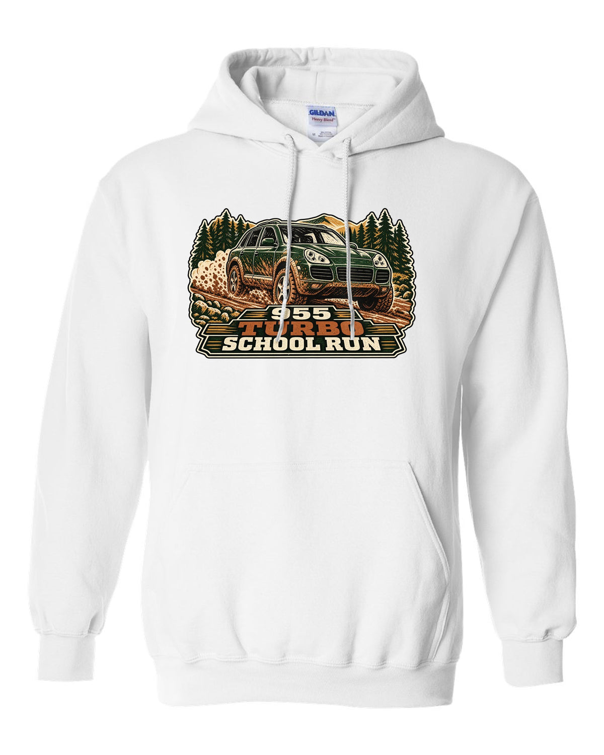 Multi-block linocut print of a muddy Porsche Cayenne Turbo 955 with the text 955, turbo, school run white pull over hoodie front view with the design
