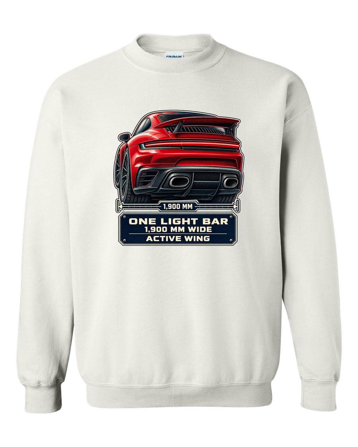 Taillight macro print of a Porsche 992 Turbo S with light bar and wing white crewneck front view with the design