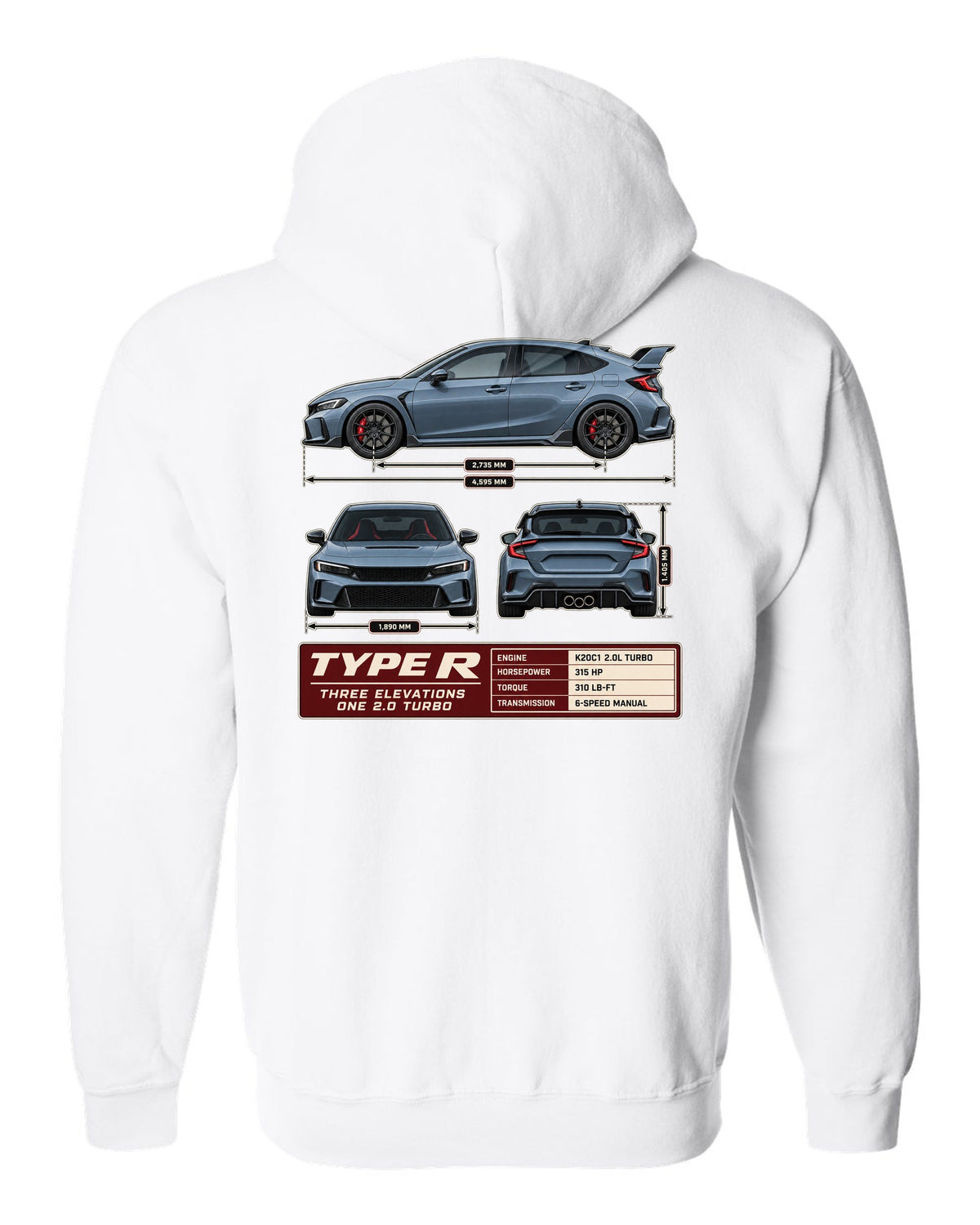 Civic Type R FL5 Three-View Spec Sheet Tee for Car Guys white zip hoodie back view with the design