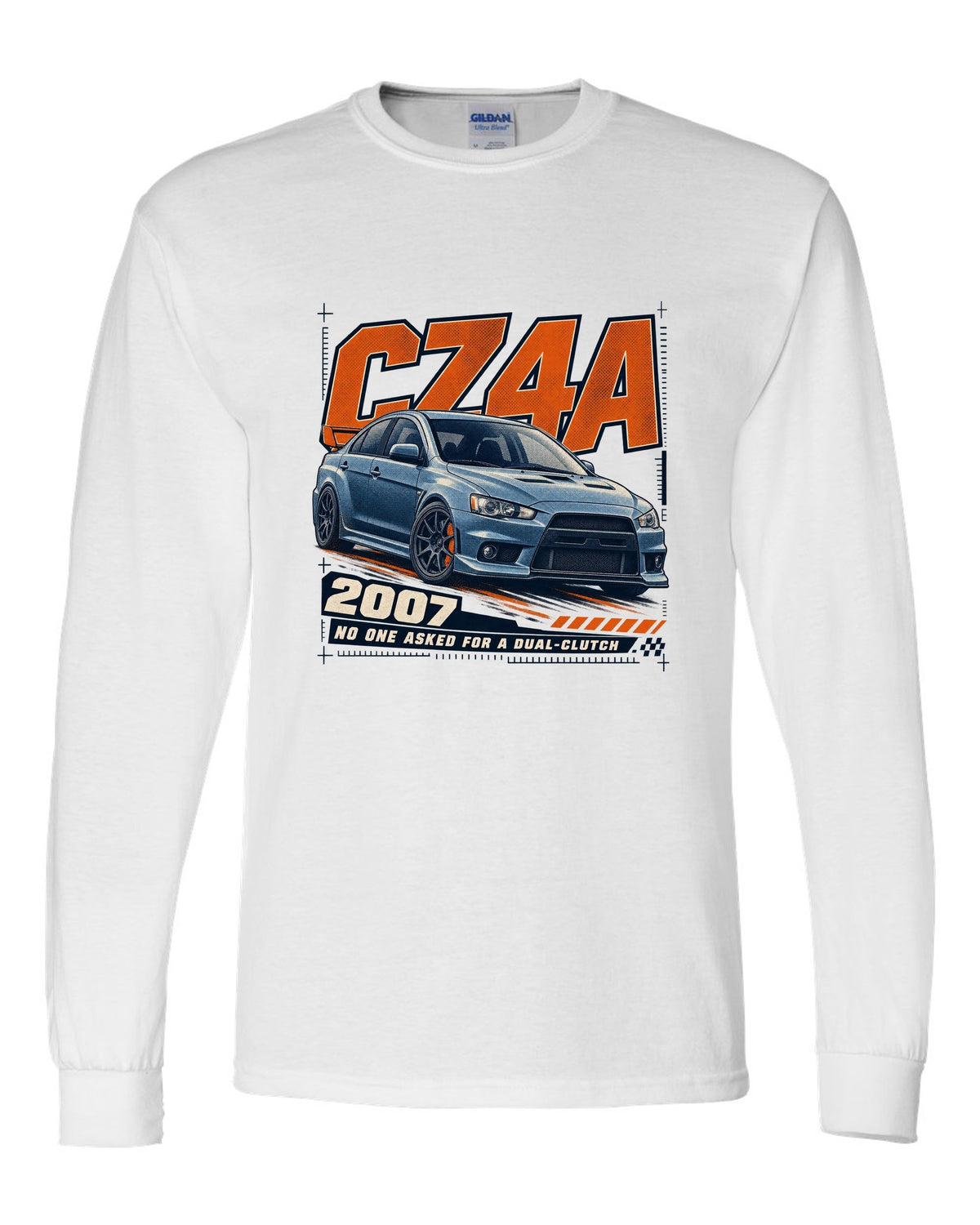 Mitsubishi Lancer Evolution X CZ4A front three-quarter halftone print white long sleeve front view with the design