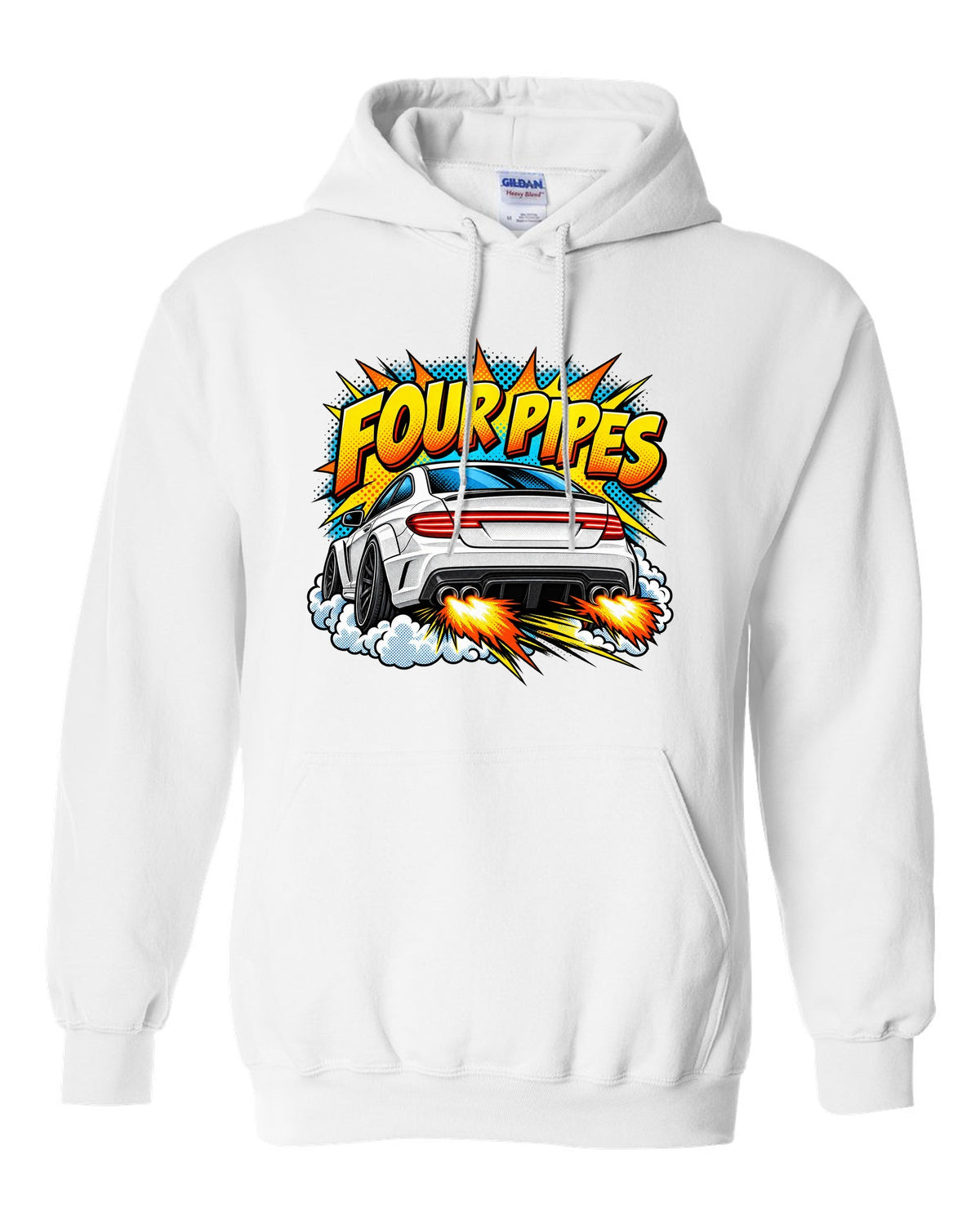 Comic halftone pop-art of the exhaust end of a Mercedes C63 Coupe C204 white pull over hoodie front view with the design
