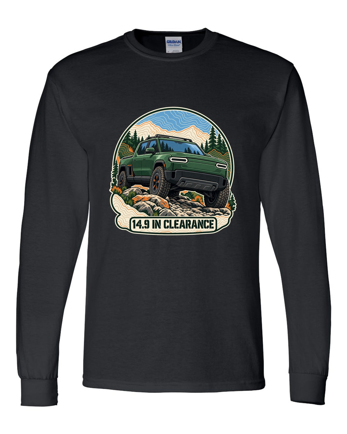 Topographic contour map illustration print of a Rivian R1T reading 14.9 In Clearance black long sleeve front view with the design