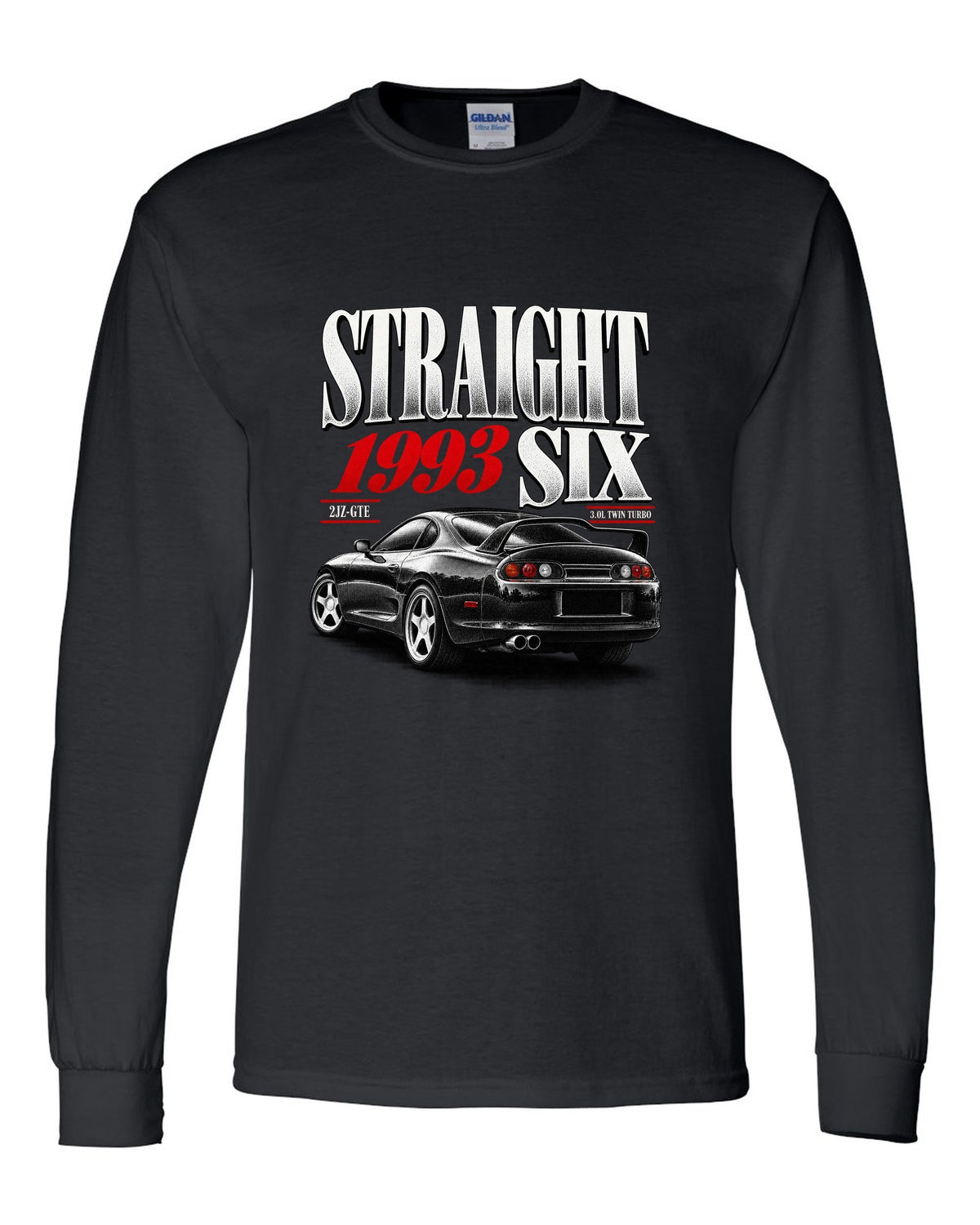 print of a Toyota Supra A80 JZA80 with straight six editorial headline and 2JZ-GTE twin turbo text black long sleeve front view with the design