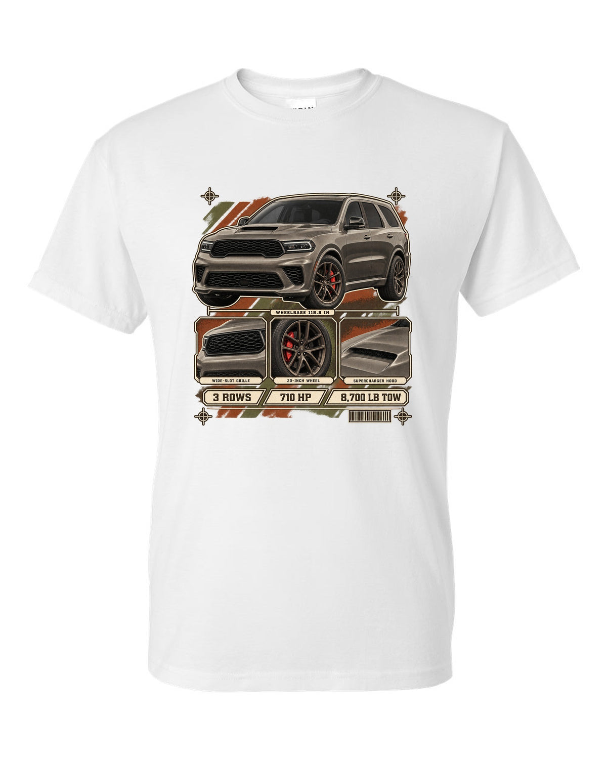 print of a 2021 Dodge Durango SRT Hellcat with spec dossier panels white t-shirt front view with the design
