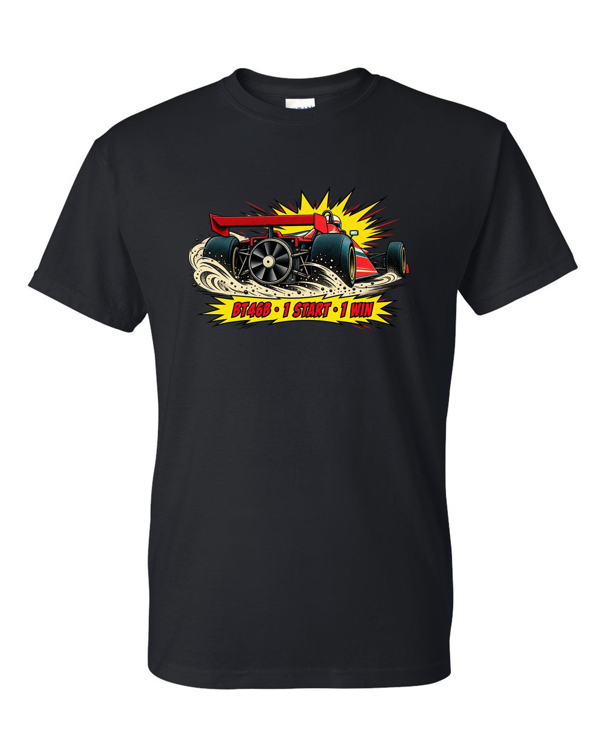 Comic halftone pop-art of the Brabham BT46B fan car with 1 start, 1 win text black t-shirt front view with the design