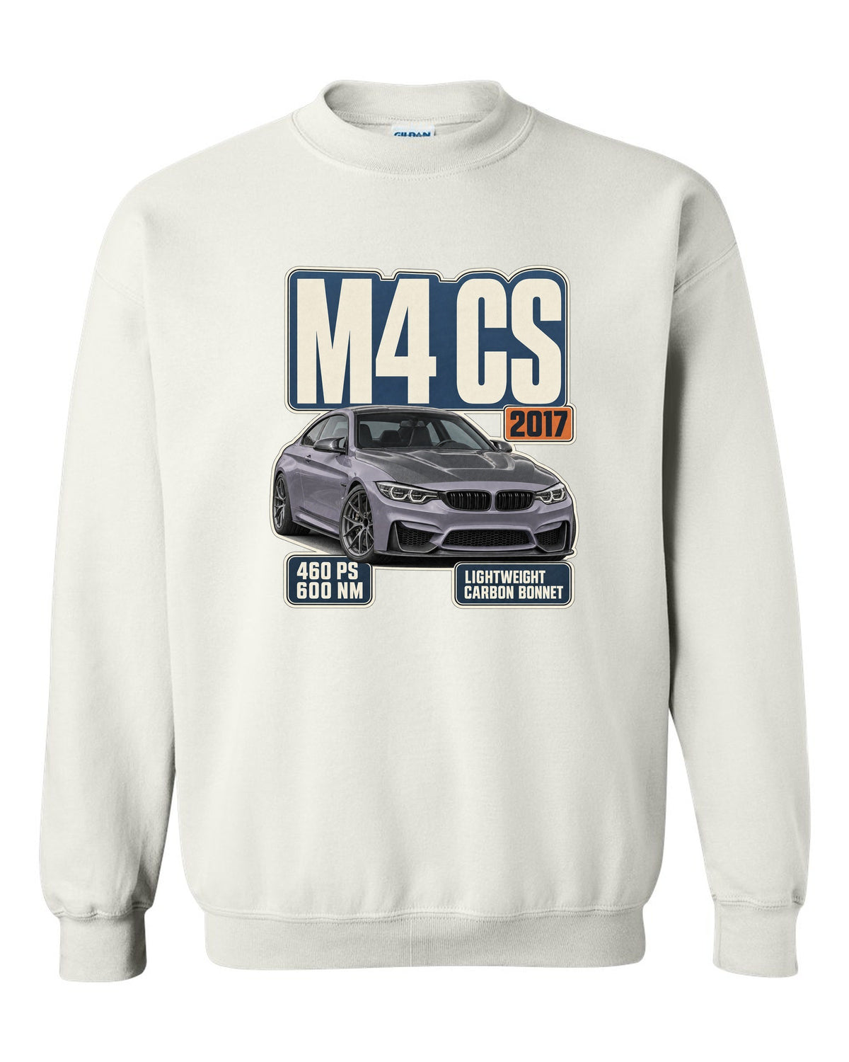 BMW M4 CS F82 editorial headline print design white crewneck front view with the design