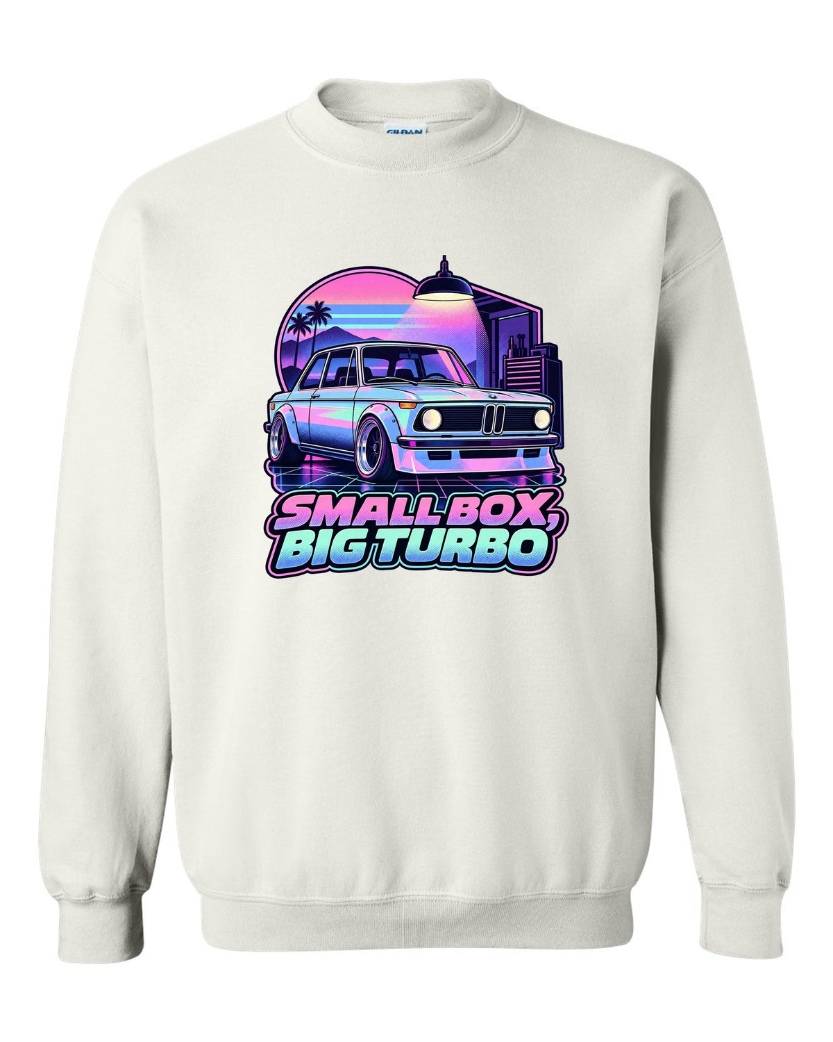 BMW 2002 turbo vaporwave pastel print with small box big turbo text white crewneck front view with the design