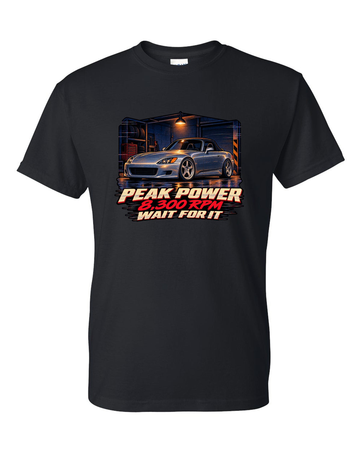 Lo-fi VHS cover style print of a Honda S2000 AP1 with 8,300 RPM wait for it text black t-shirt front view with the design