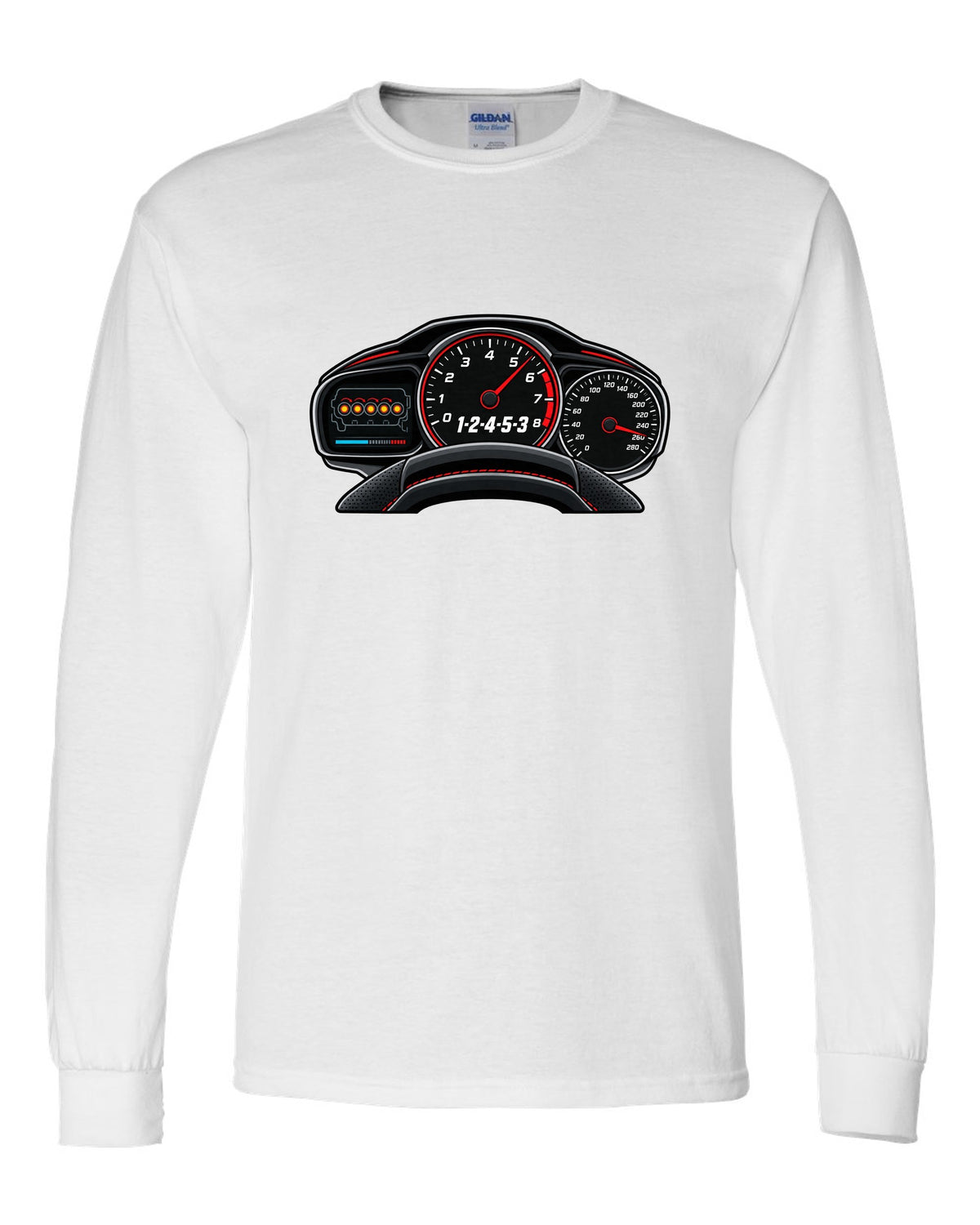 Flat gauge cluster print for the Audi RS3 8V showing the 1-2-4-5-3 firing order white long sleeve front view with the design
