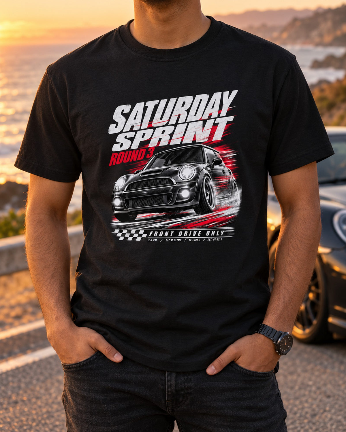 Mini Cooper JCW R56 Hillclimb Round Three Race Poster Tee T-Shirt Black worn hero