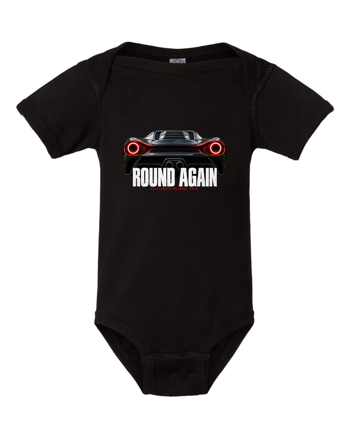 Macro print of Ferrari F8 Tributo round taillights with the text Round Again, Taillights Return, 2019 black baby onesie front view with the design