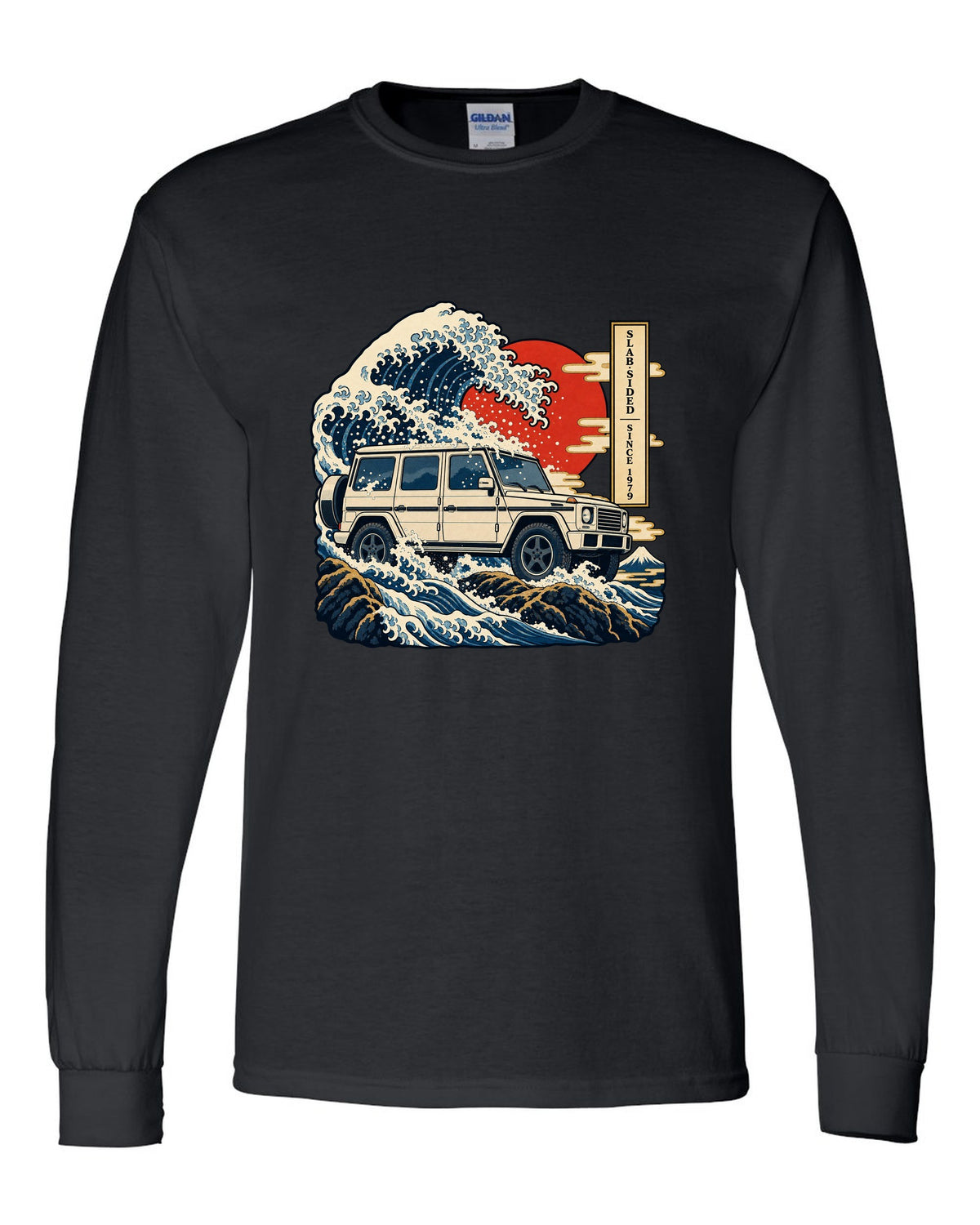 Bold crest graphic reading 577 HP and 2.5 Tonnes for the Mercedes G63 W464, print black long sleeve front view with the design