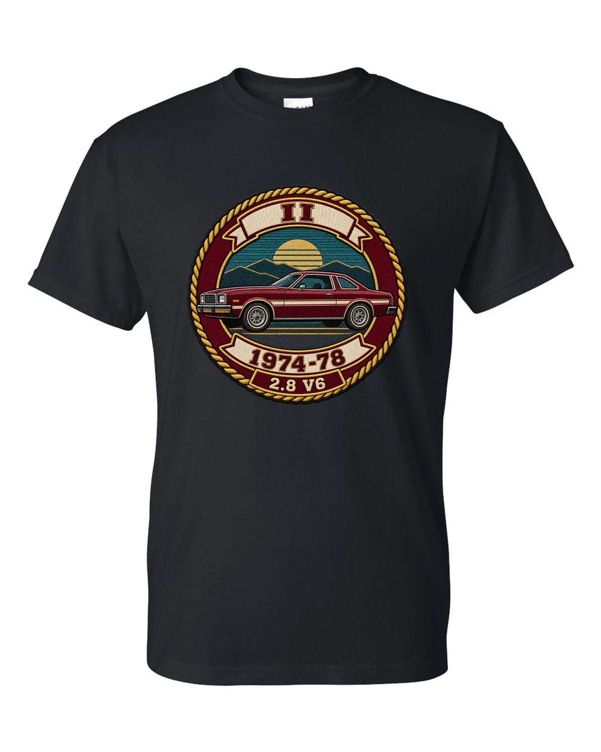 Embroidery-style varsity crest print for a 1974-78 Ford Mustang II notchback black t-shirt front view with the design