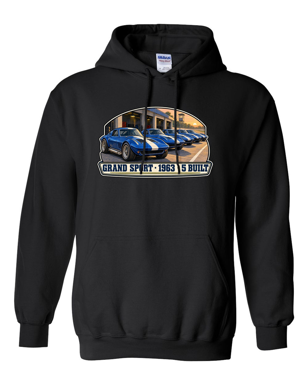 Isometric vector print of a 2014 Chevrolet Corvette C7 Stingray highlighting the fender gill vent black pull over hoodie front view with the design