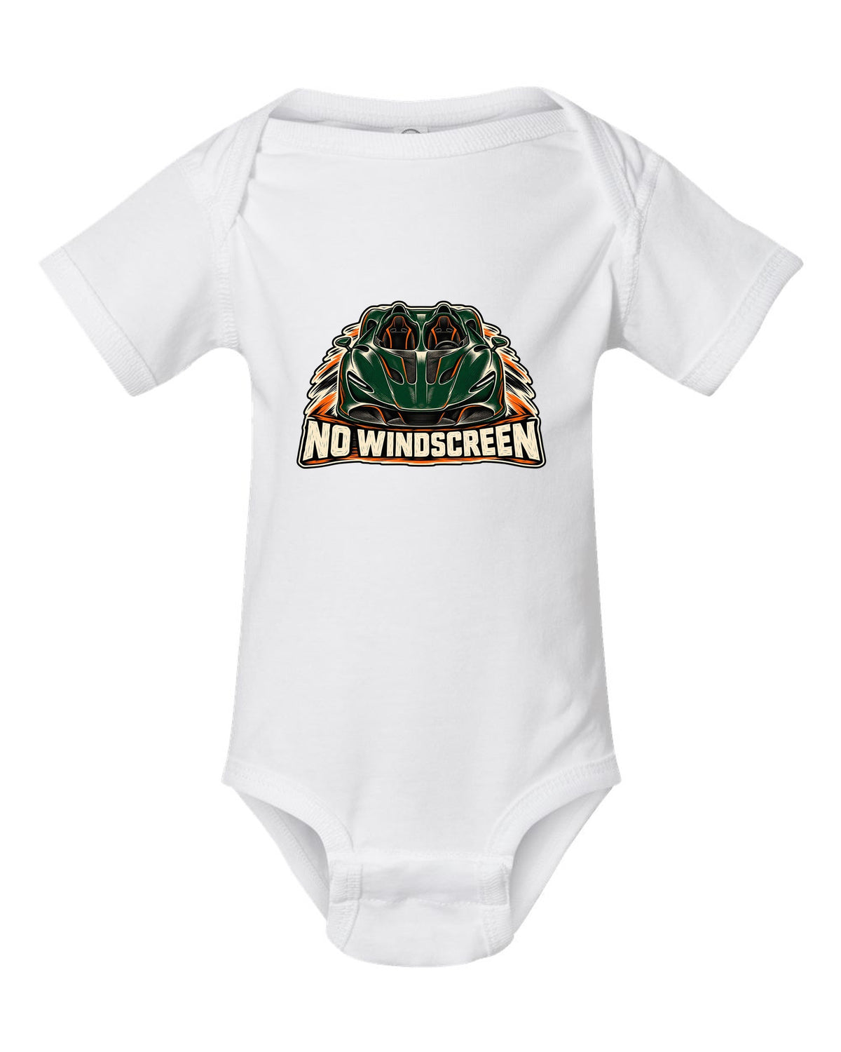 McLaren Elva linocut print with accent colour and NO WINDSCREEN lettering white baby onesie front view with the design