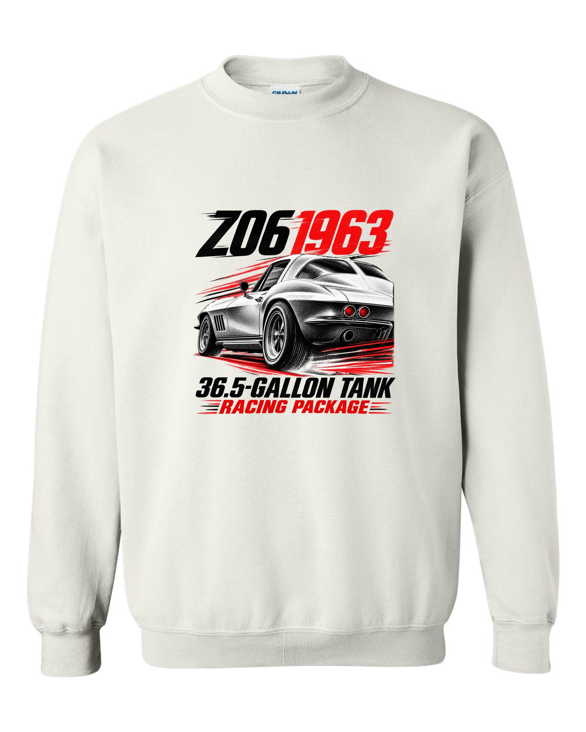 Corvette C2 Sting Ray 1963 Z06 racing package race poster white crewneck front view with the design