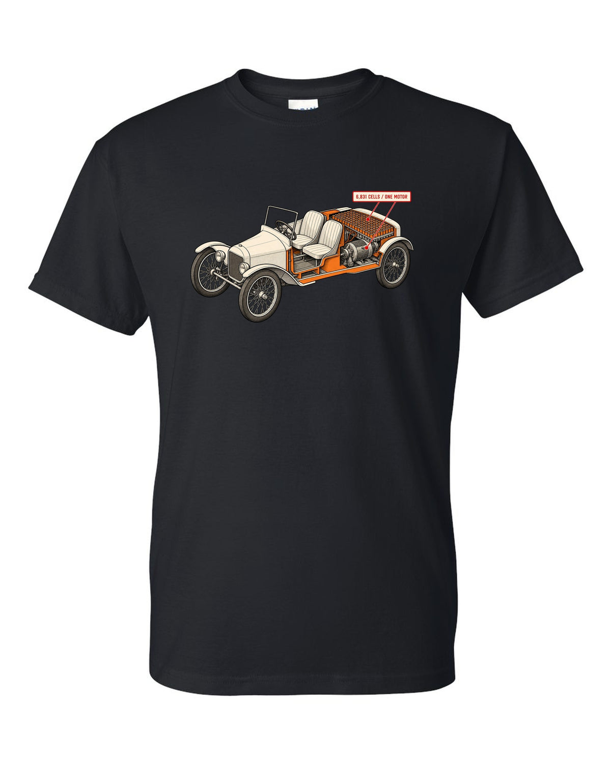 Isometric cutaway diagram print of a Tesla Roadster Gen 1 reading 6,831 Cells One Motor black t-shirt front view with the design