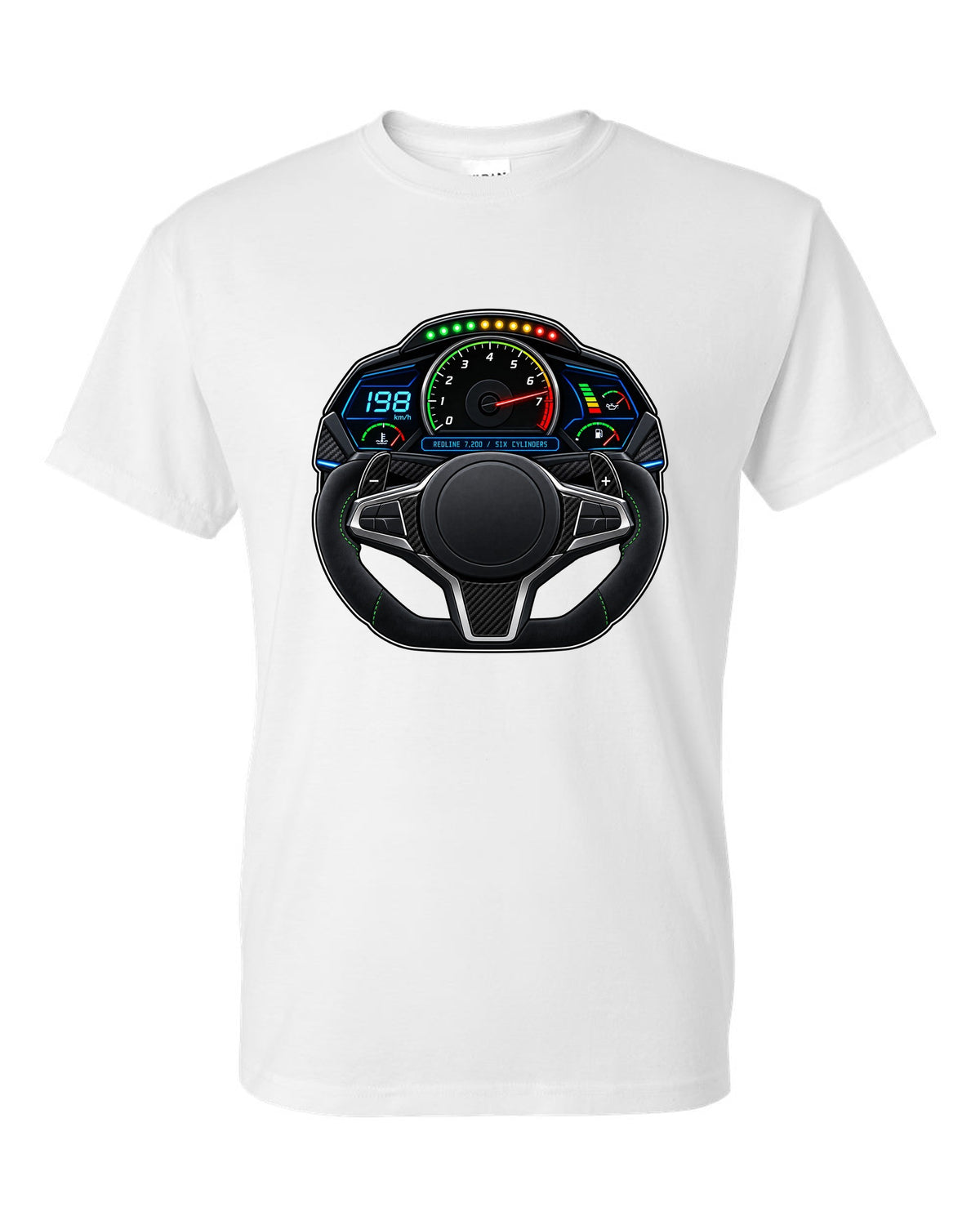 BMW G80 M3 interior gauge cluster HUD print with redline 7,200 text white t-shirt front view with the design