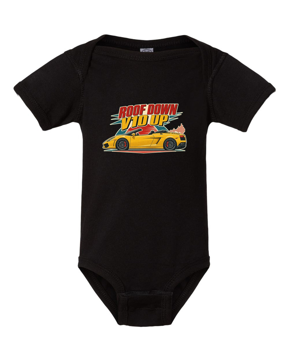 Vintage 1960s lithograph poster of a Lamborghini Gallardo Spyder LP560-4 with the text ROOF DOWN / V10 UP black baby onesie front view with the design