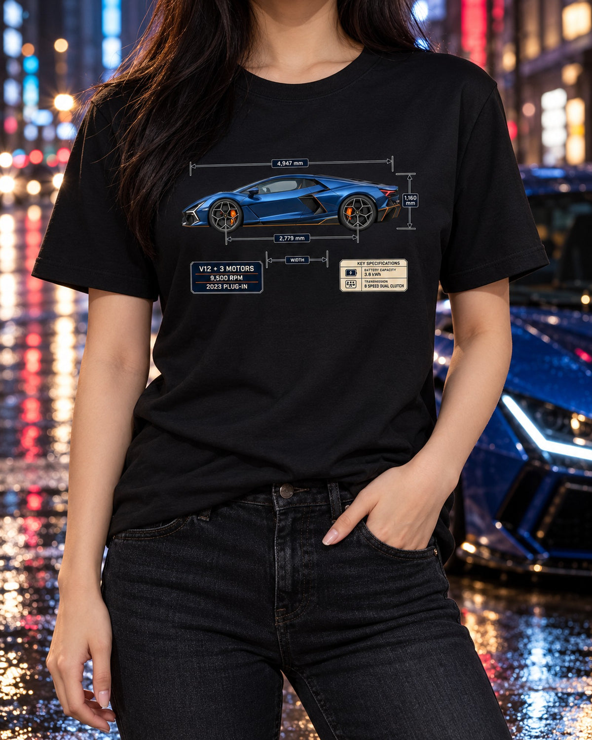 Lamborghini Revuelto Dimension Blueprint Shirt, V12 Hybrid T-Shirt Black worn hero