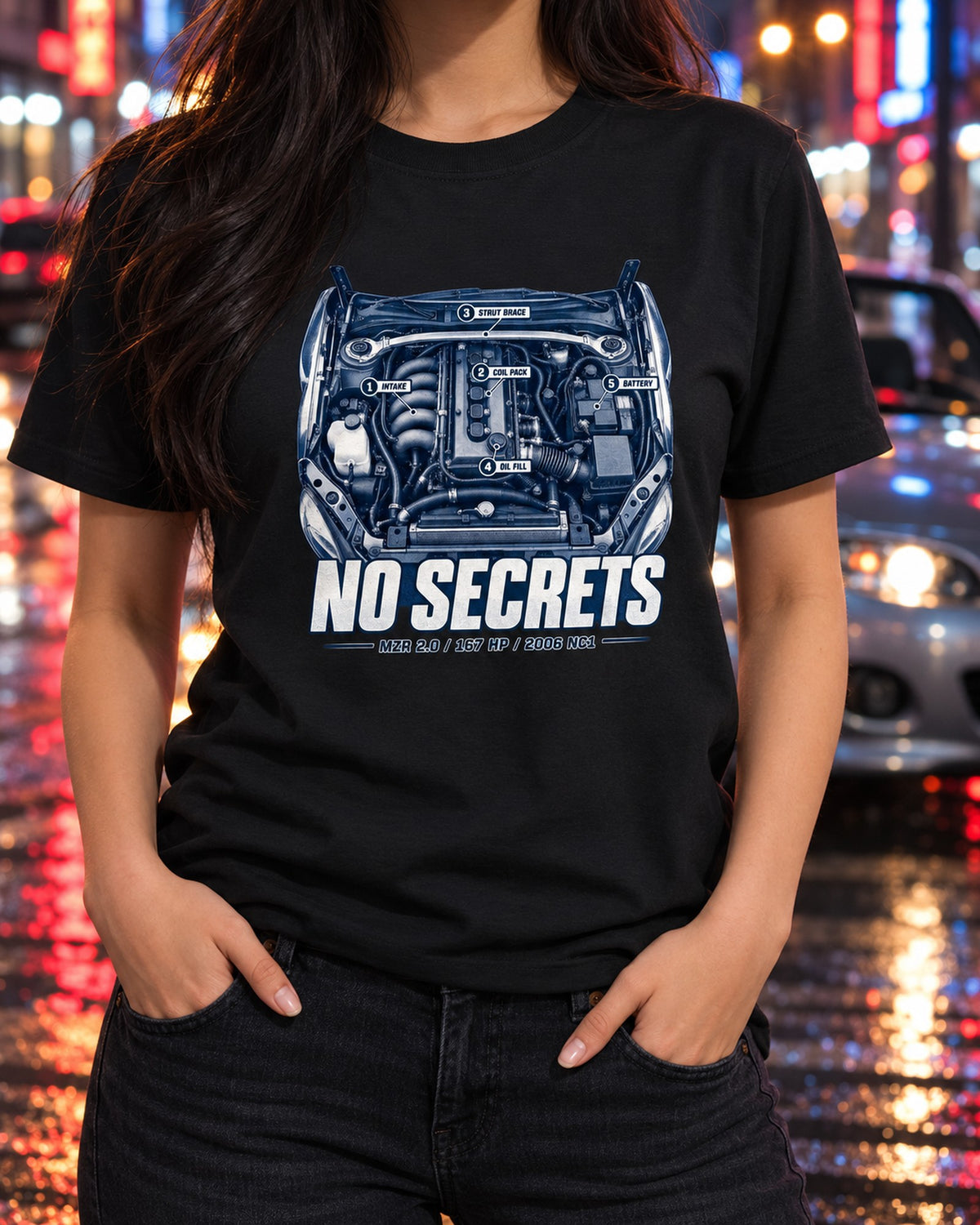 Mazda MX-5 NC1 Engine Hero Shirt, MZR 2.0 No Secrets T-Shirt Black worn hero