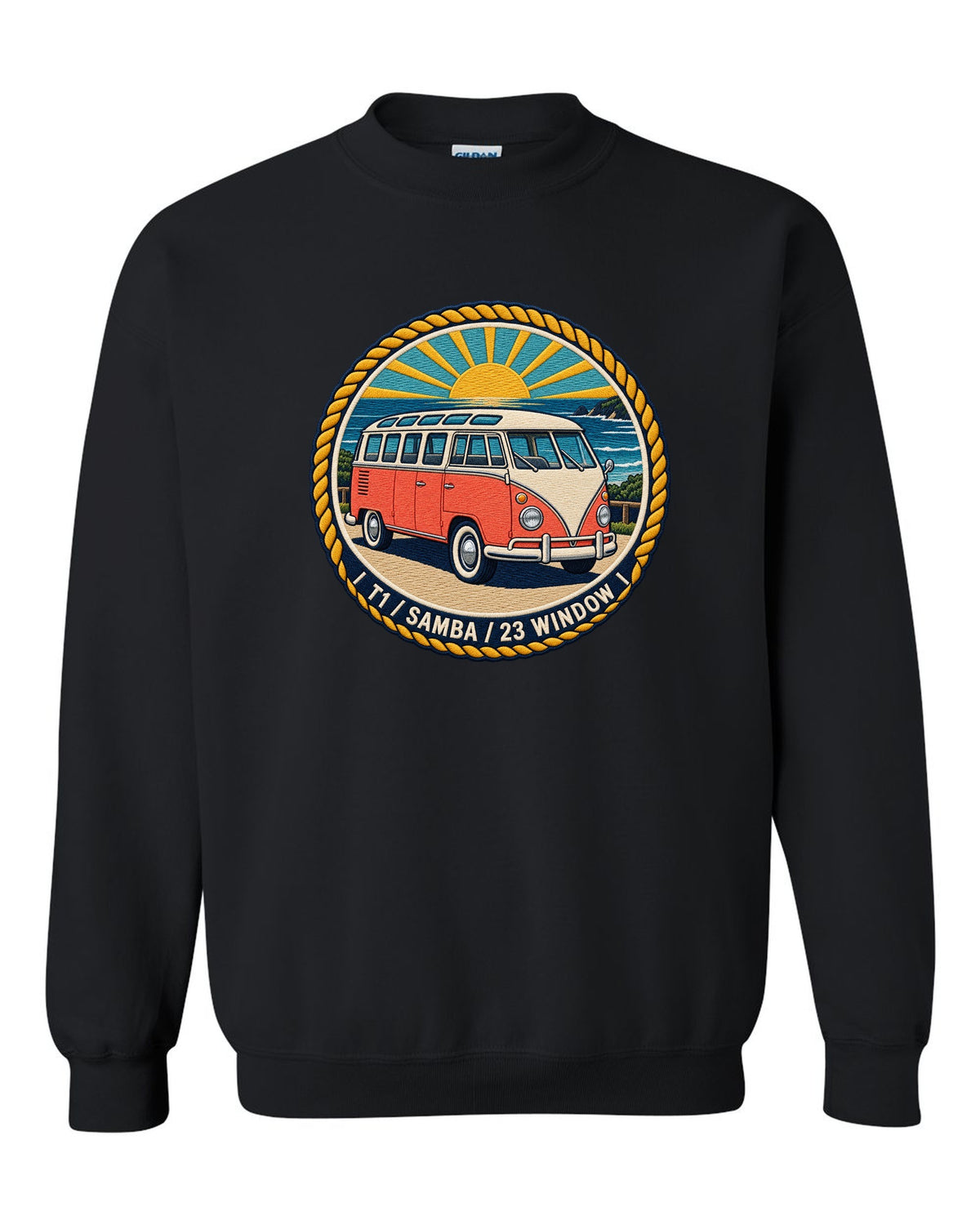 Round crest for the VW Bus T1 Samba 23 window black crewneck front view with the design
