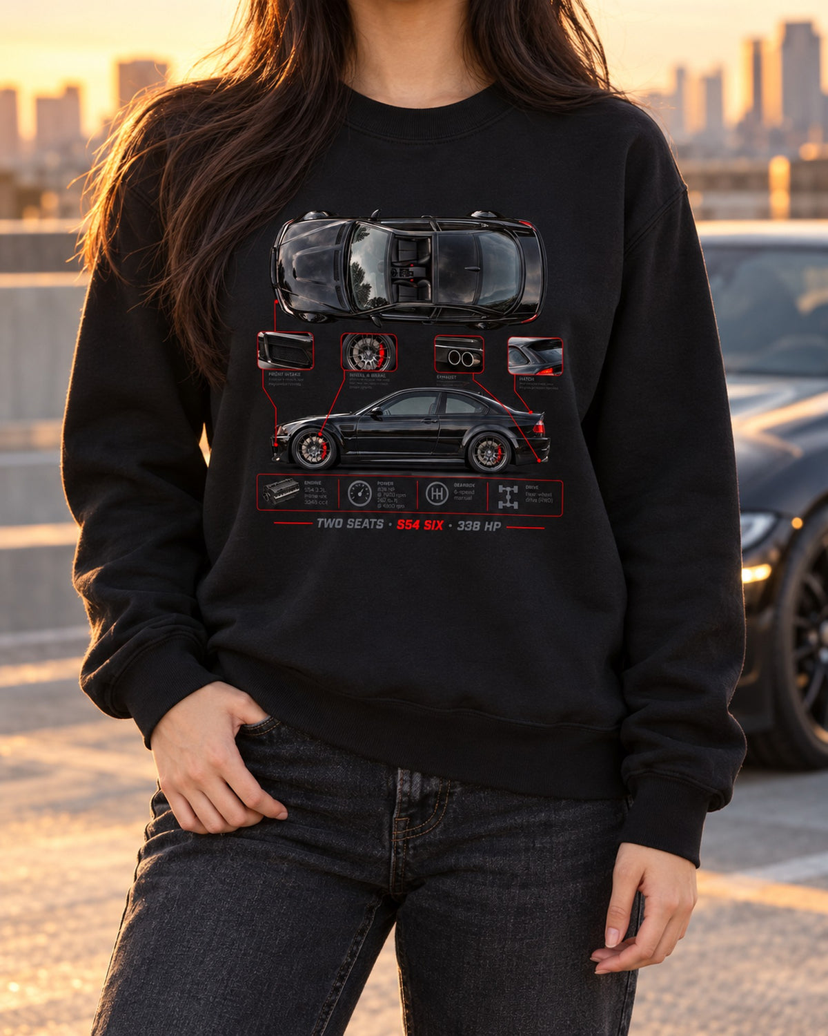 BMW Z4 M Coupe E86 Spec Poster Shirt, S54 Six 338 HP Crewneck Black worn hero